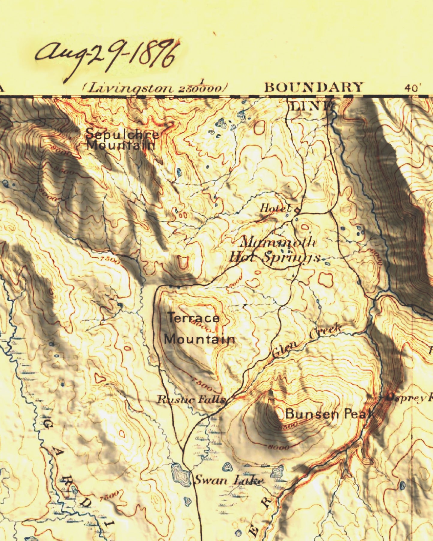 1896 Yellowstone National Park | Gallatin / NW Yellowstone | 30'x30' Shaded Historic USGS Map