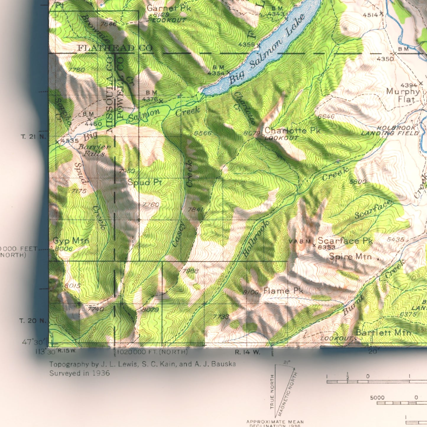 1936 Silvertip Mtn & Bob Marshall Wilderness, MT | 30'x30' Shaded Historic USGS Map
