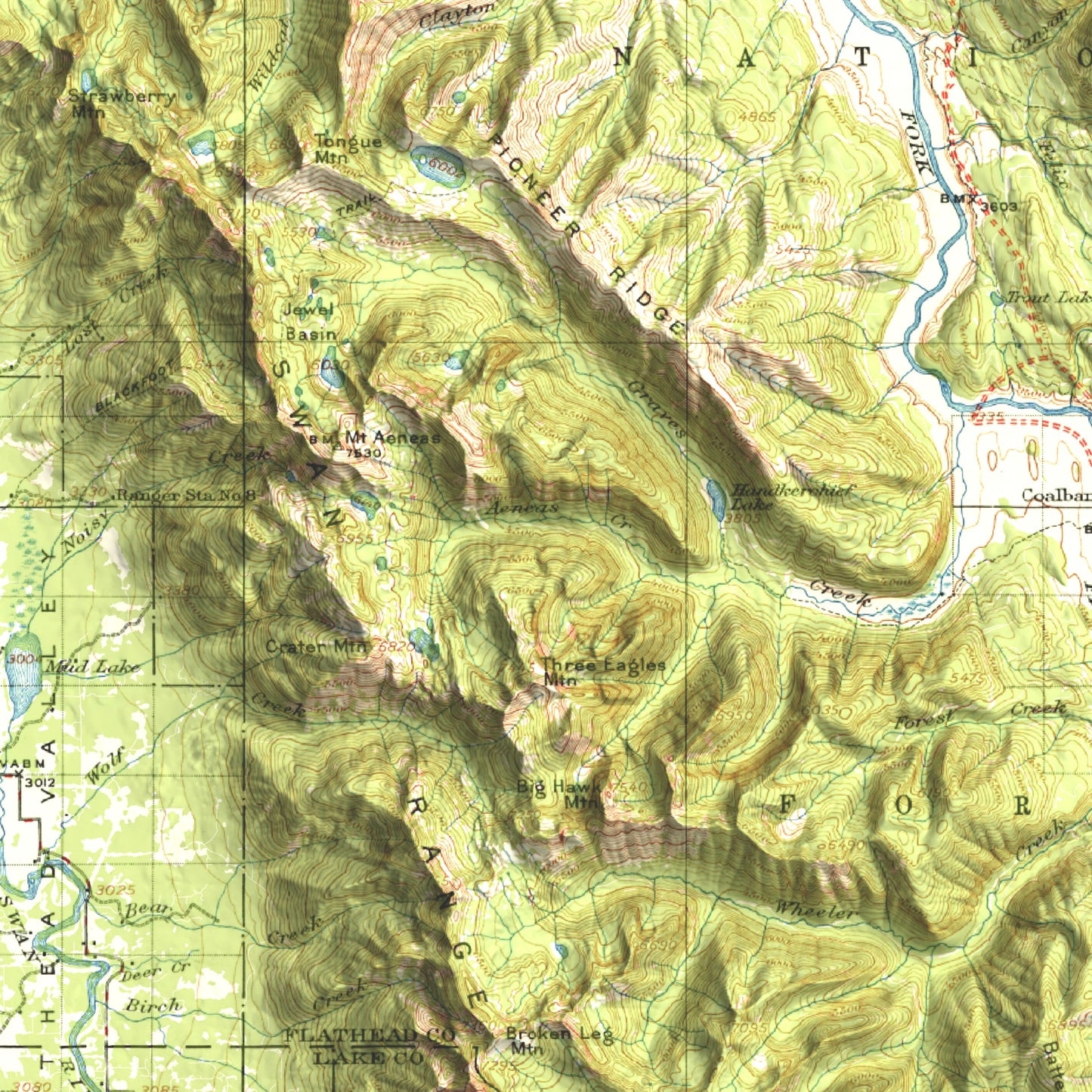 1914 Nyack | Jewel Basin, Flathead Alps & Glacier National Park, MT | 30'x30' Shaded Historic USGS Map