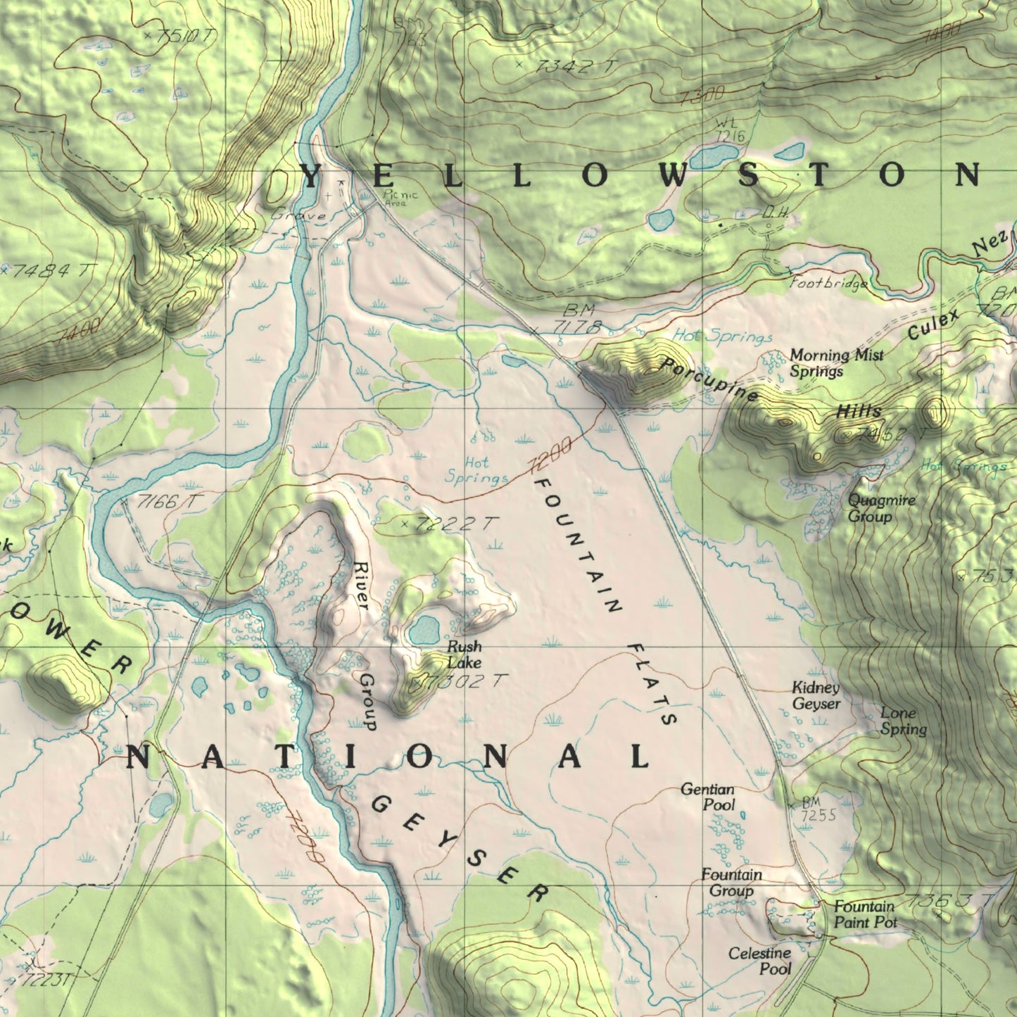 1986 Yellowstone National Park | Middle and Lower Geyser Basins | 7.5'x7.5' Shaded Historic USGS Map