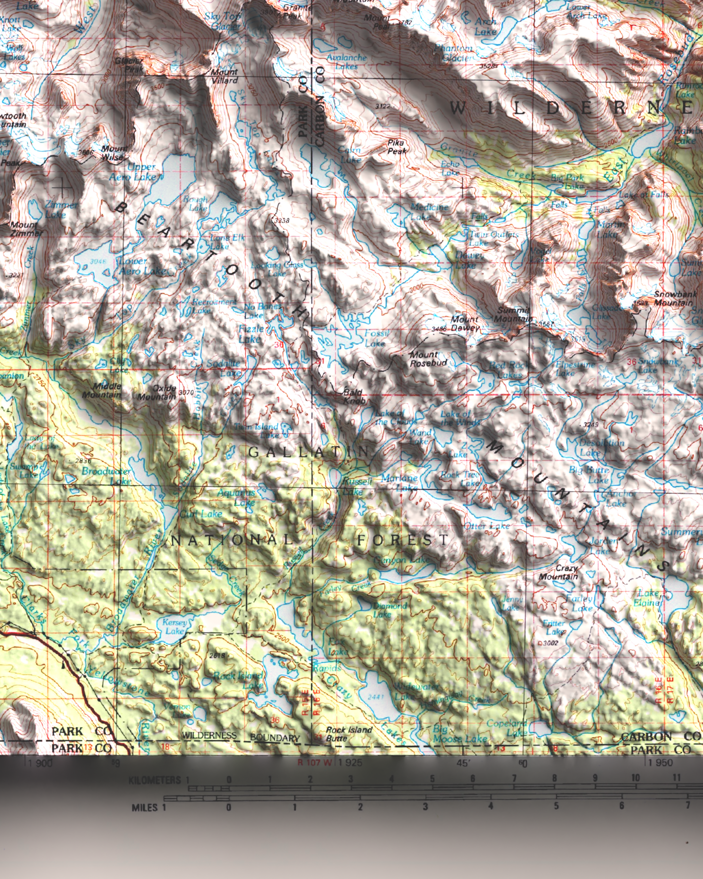 1989 Red Lodge & Beartooth Mountains, MT | 30'x60' Shaded Historic USGS Map