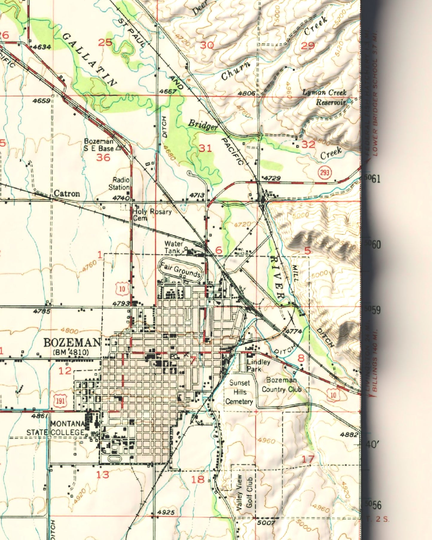 1952 Bozeman, MT | 15'x15' Shaded Historic USGS Map