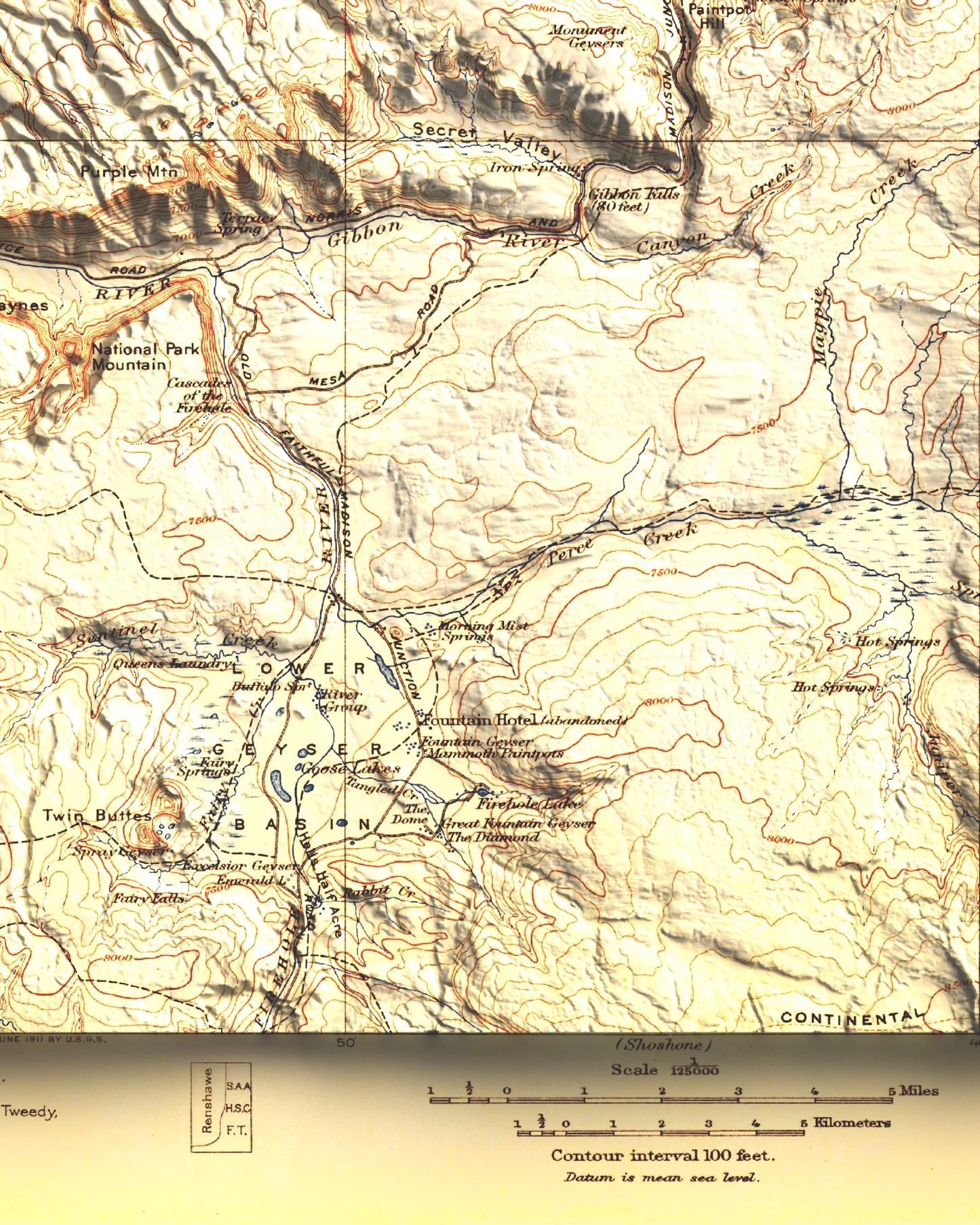 1911 Yellowstone National Park | Gallatin / NW Yellowstone | 30'x30' Shaded Historic USGS Map