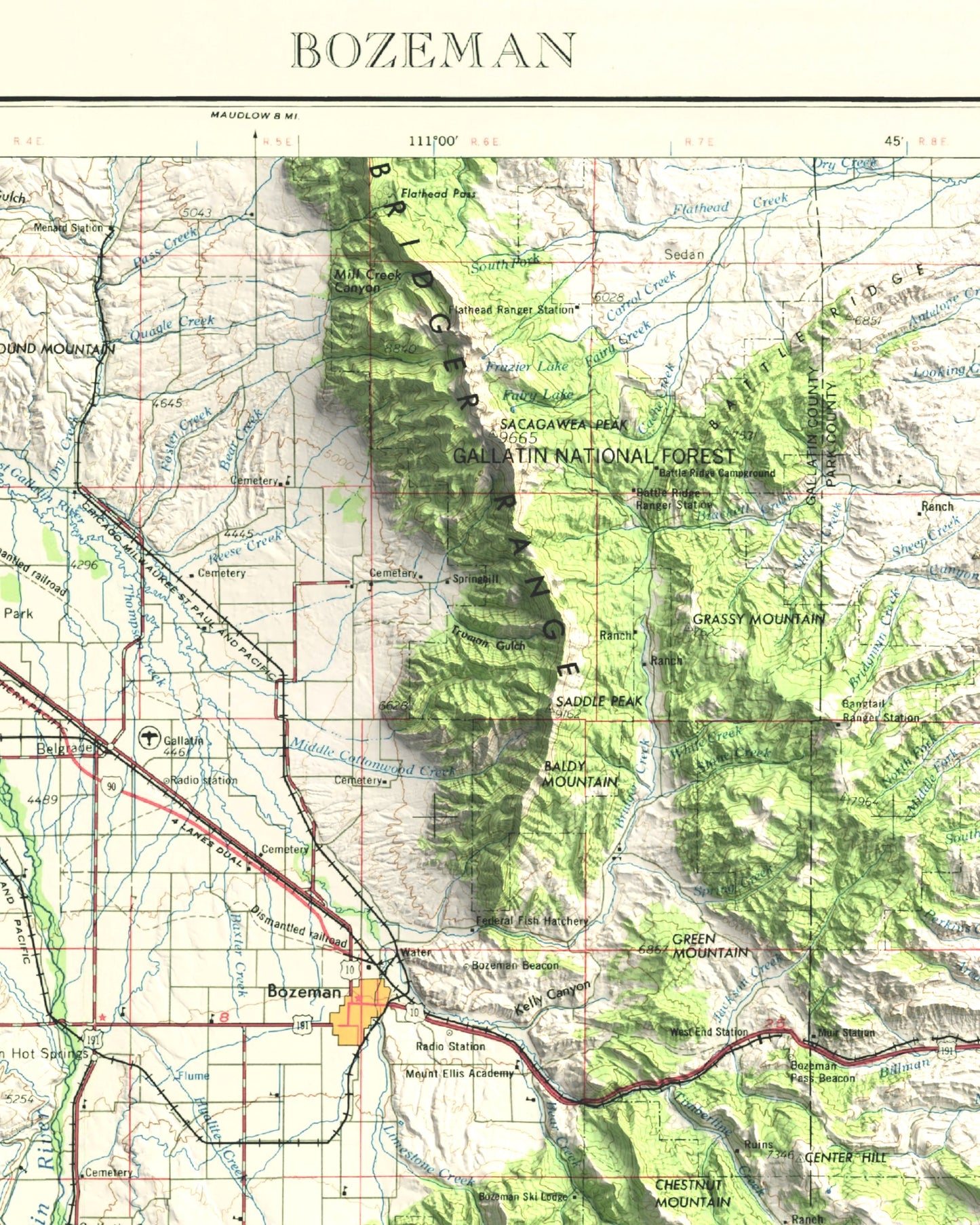1958 Bozeman, MT | 1x2 Degree Shaded Historic USGS Map