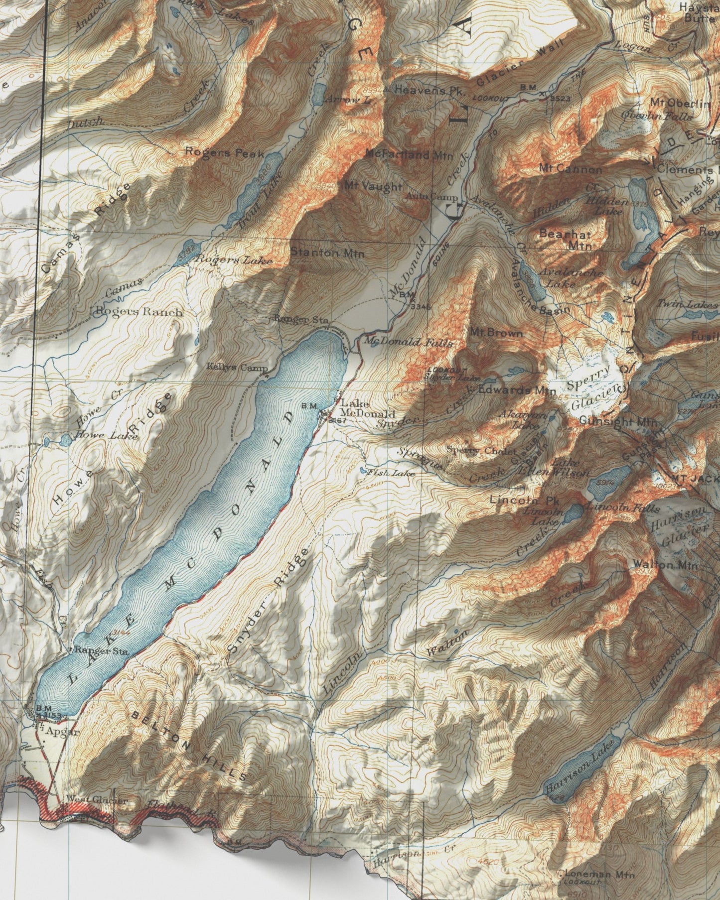 1901 - 1943 Glacier National Park, MT | 30' X 30' Shaded Historic USGS Composite Map