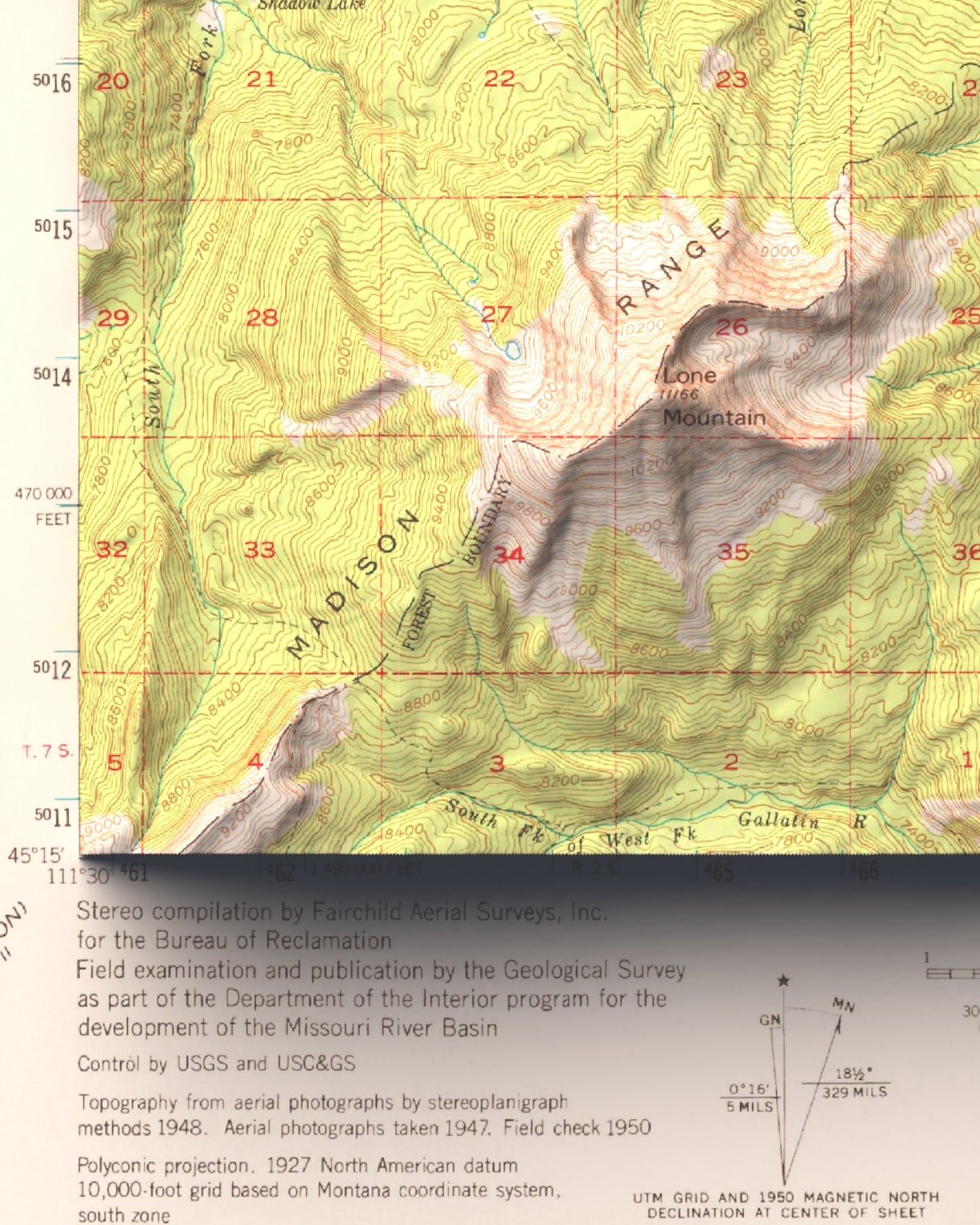 1950 Big Sky, MT | 15'x15' Shaded Historic USGS Map