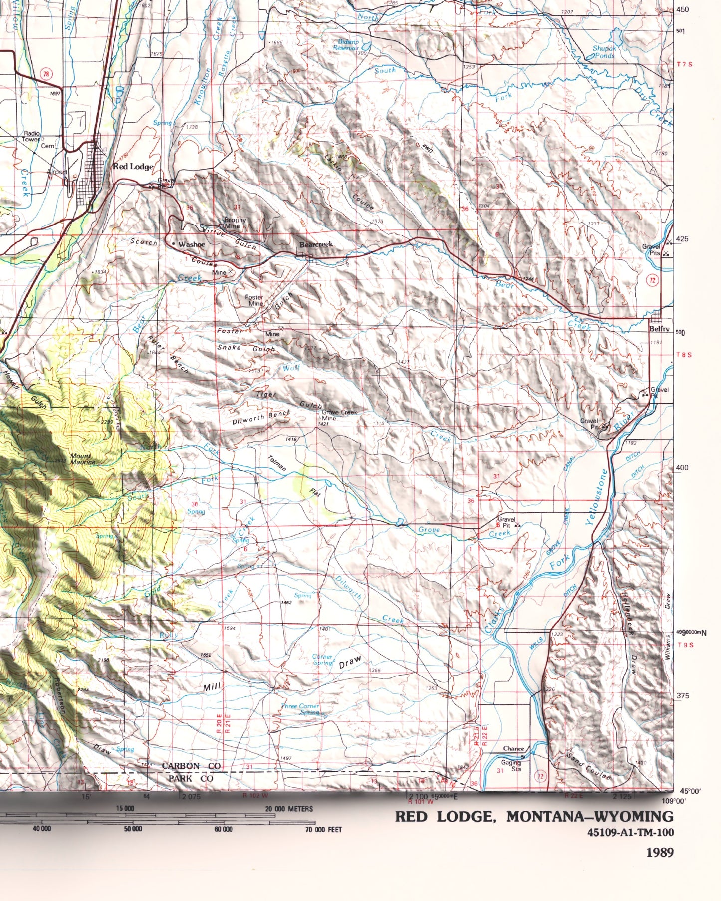 1989 Red Lodge & Beartooth Mountains, MT | 30'x60' Shaded Historic USGS Map