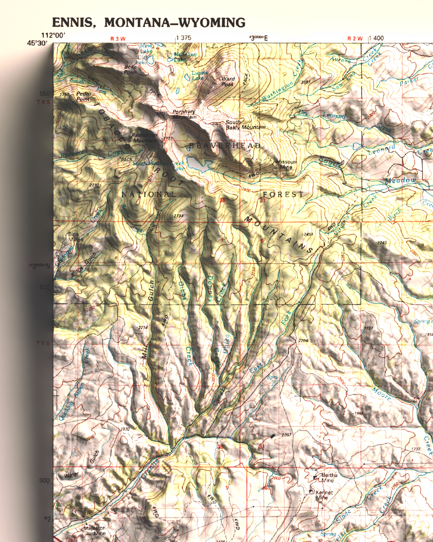 1989 Ennis, MT | 30'x60' Shaded Historic USGS Map
