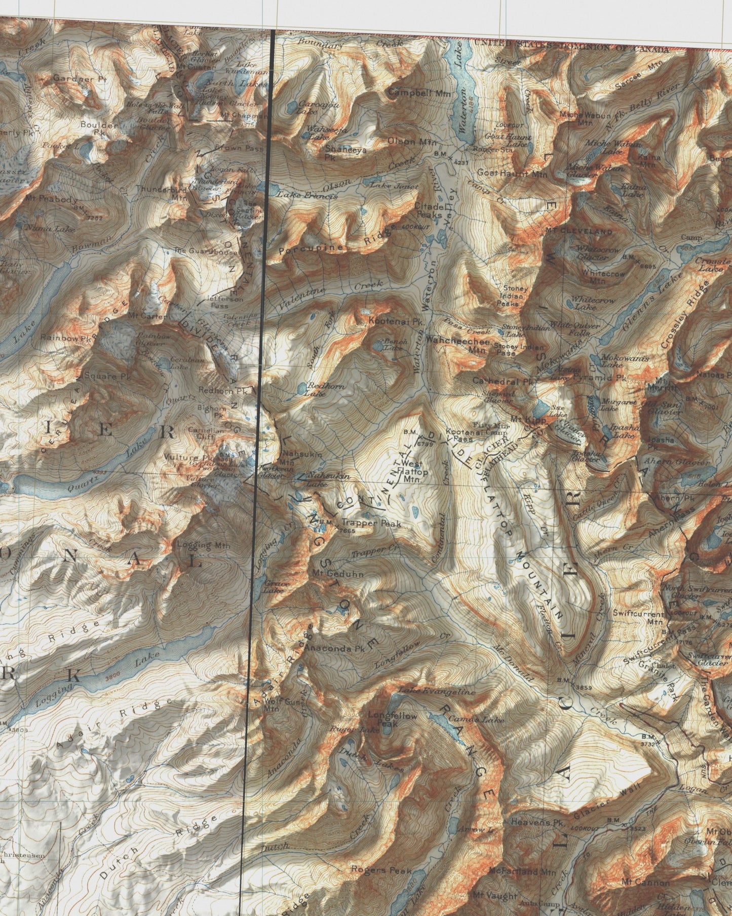 1901 - 1943 Glacier National Park, MT | 30' X 30' Shaded Historic USGS Composite Map