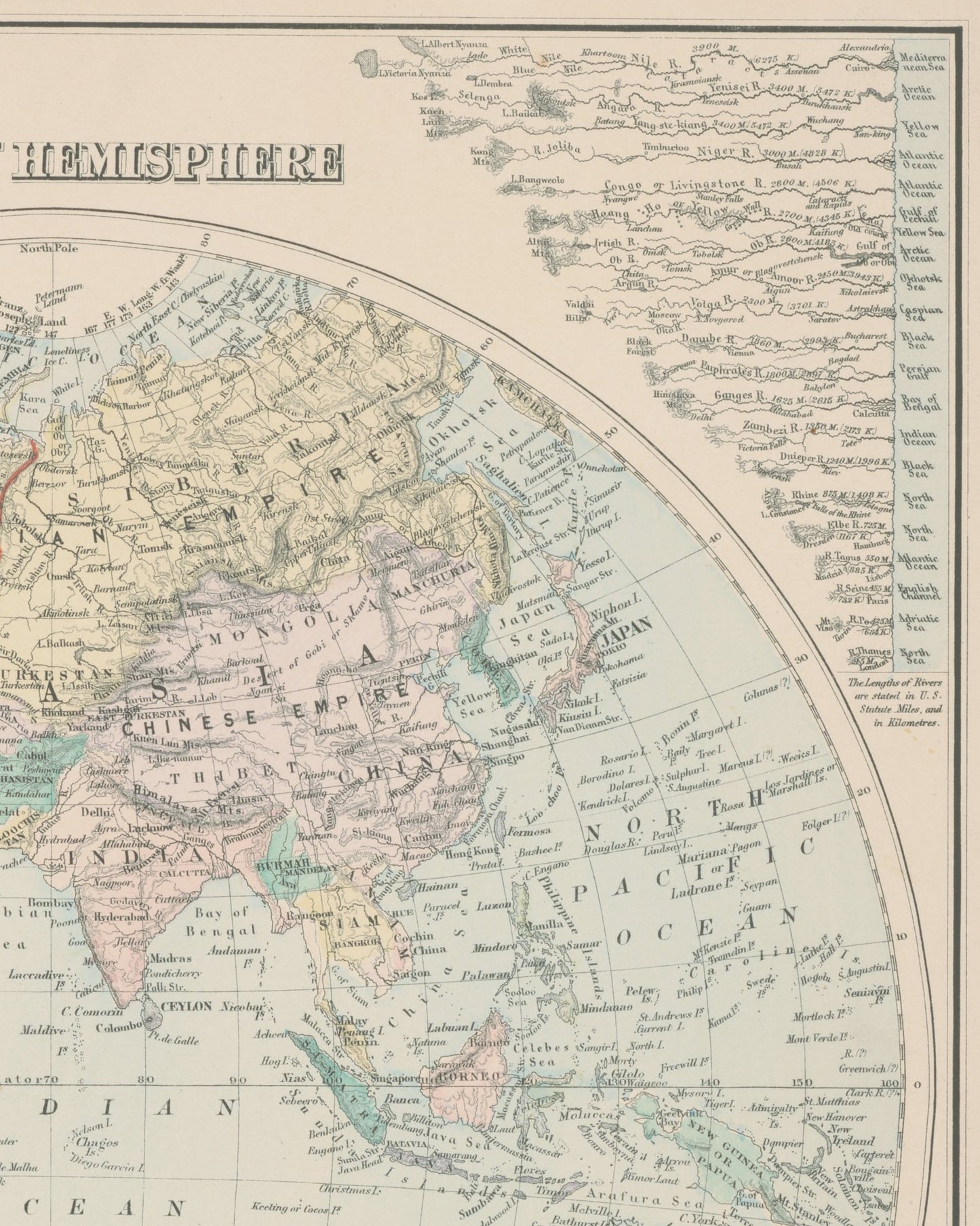 1879 Antique World Map | Principal River Length and Mountain Height