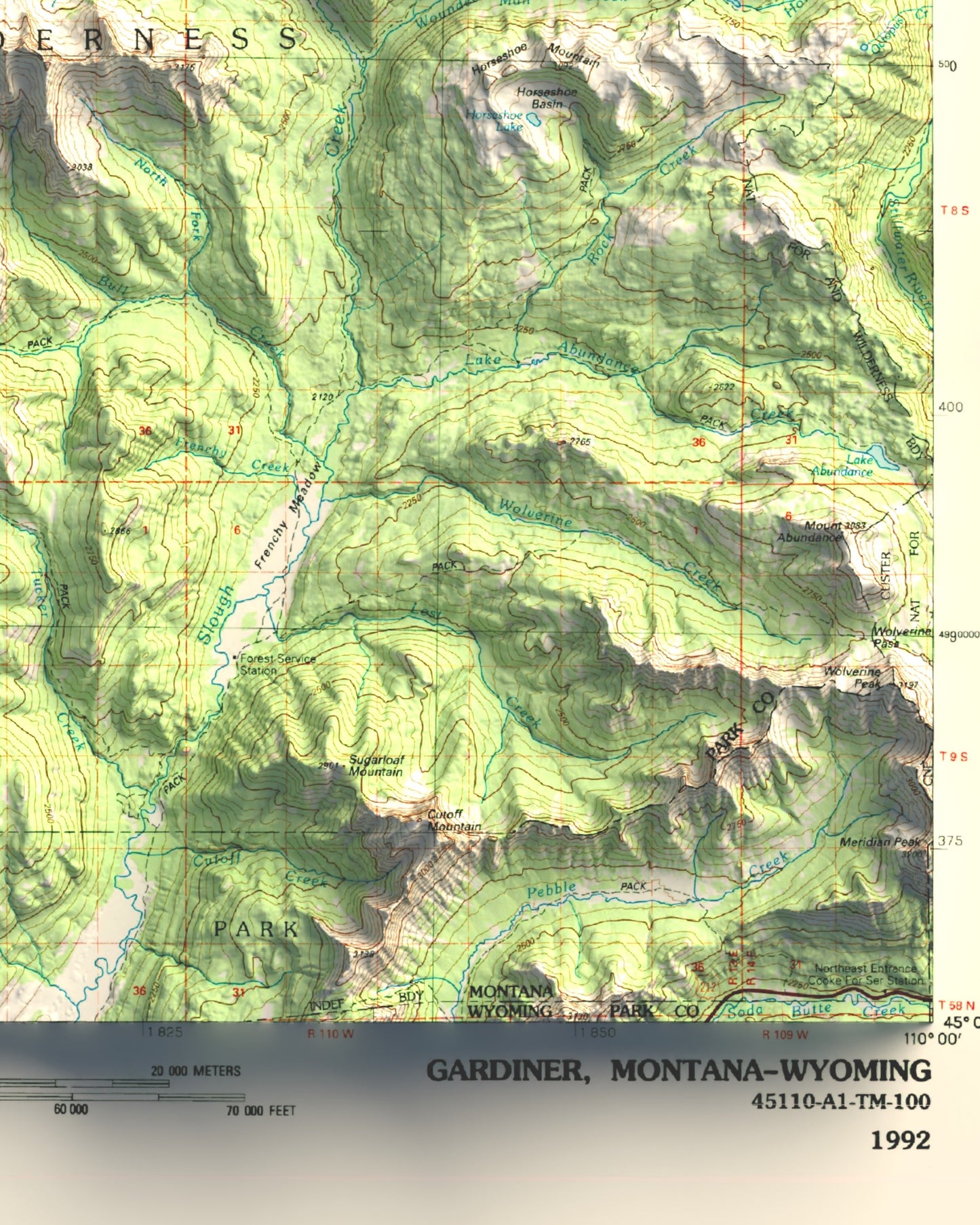 1992 Gardiner, MT | 30'x60' Shaded Historic USGS Map