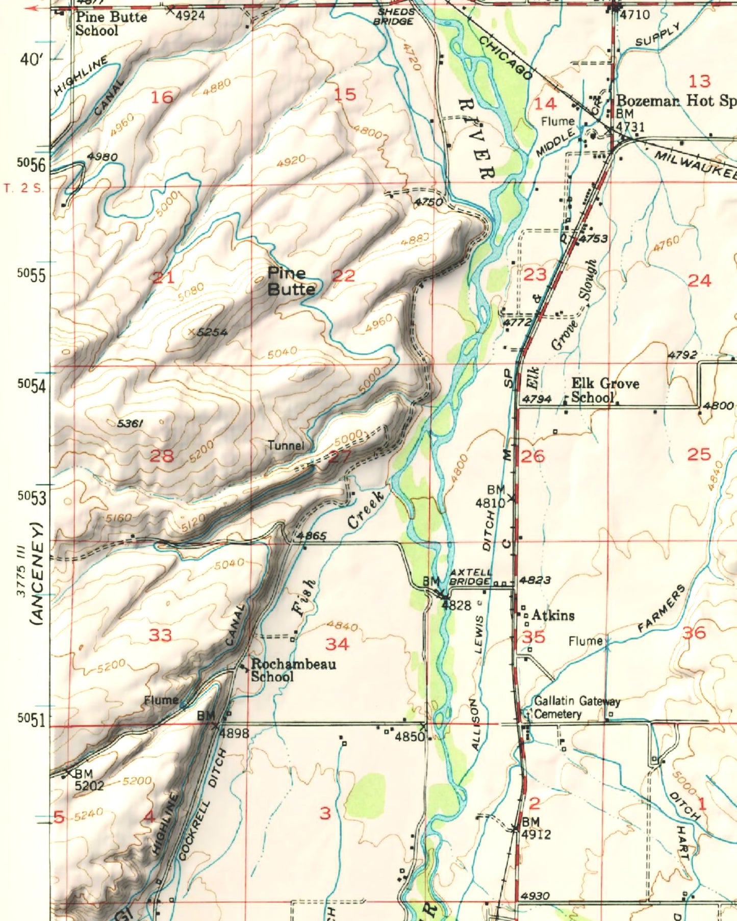 1952 Bozeman, MT | 15'x15' Shaded Historic USGS Map