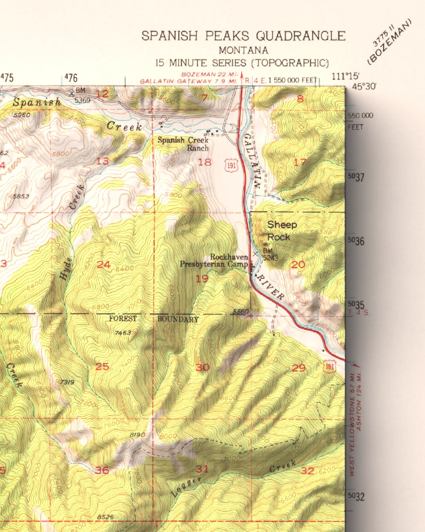 1950 Big Sky, MT | 15'x15' Shaded Historic USGS Map
