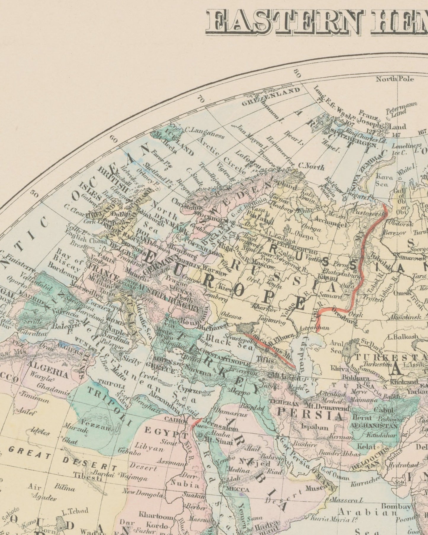 1879 Antique World Map | Principal River Length and Mountain Height