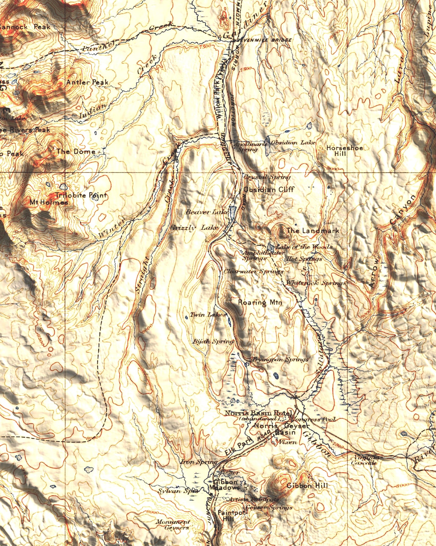 1911 Yellowstone National Park | Gallatin / NW Yellowstone | 30'x30' Shaded Historic USGS Map