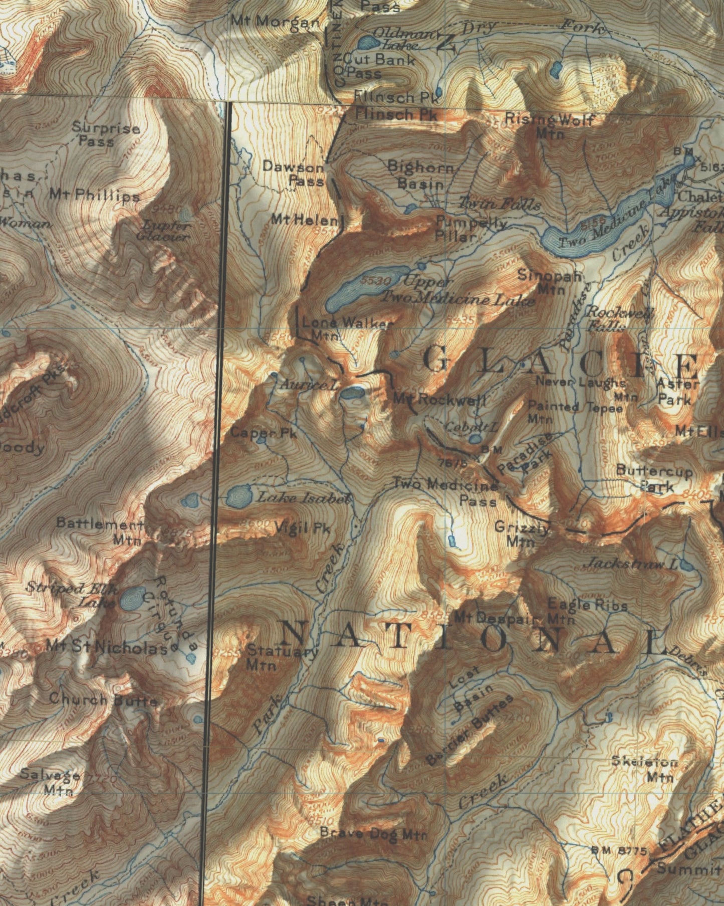 1901 - 1943 Glacier National Park, MT | 30' X 30' Shaded Historic USGS Composite Map