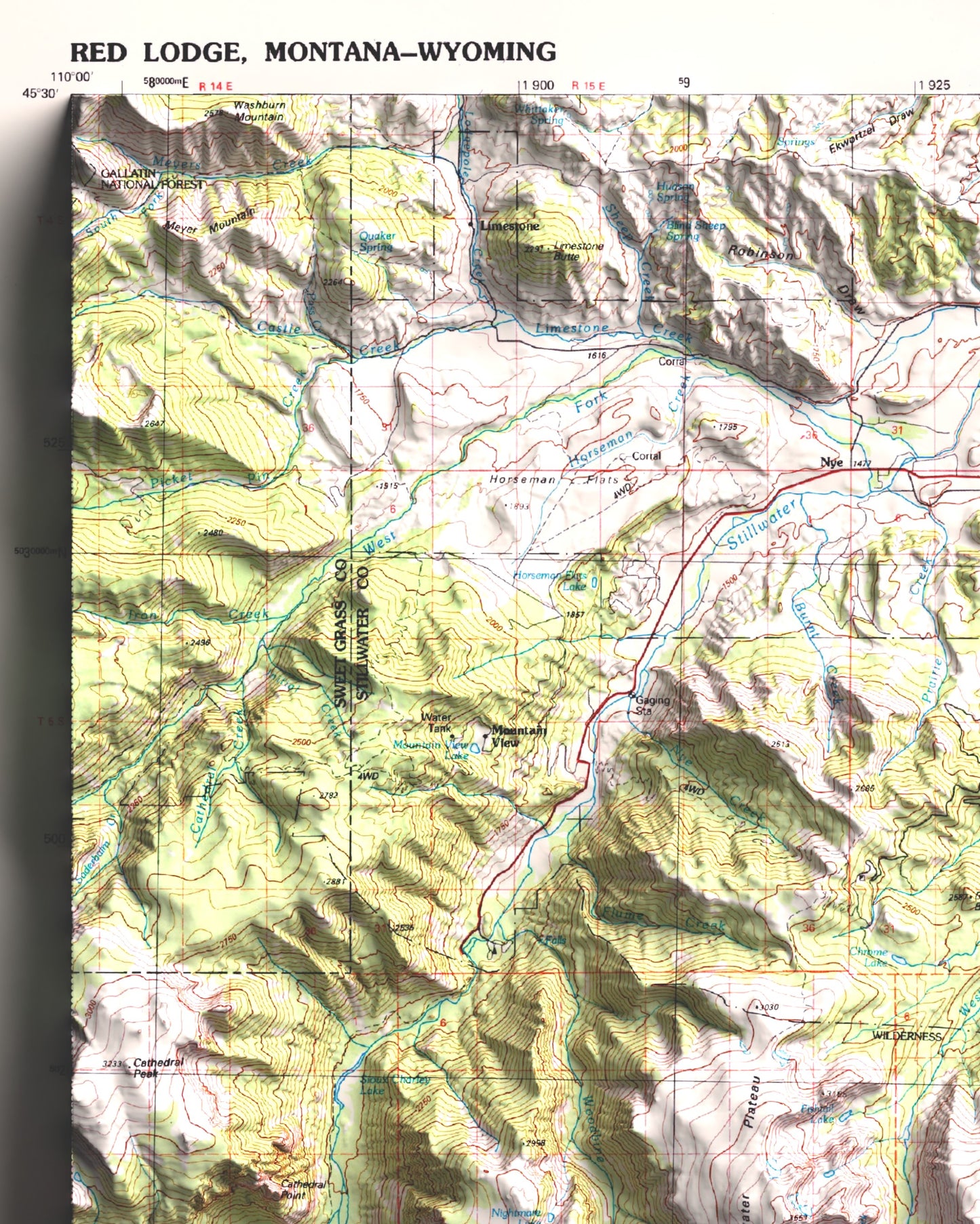 1989 Red Lodge & Beartooth Mountains, MT | 30'x60' Shaded Historic USGS Map
