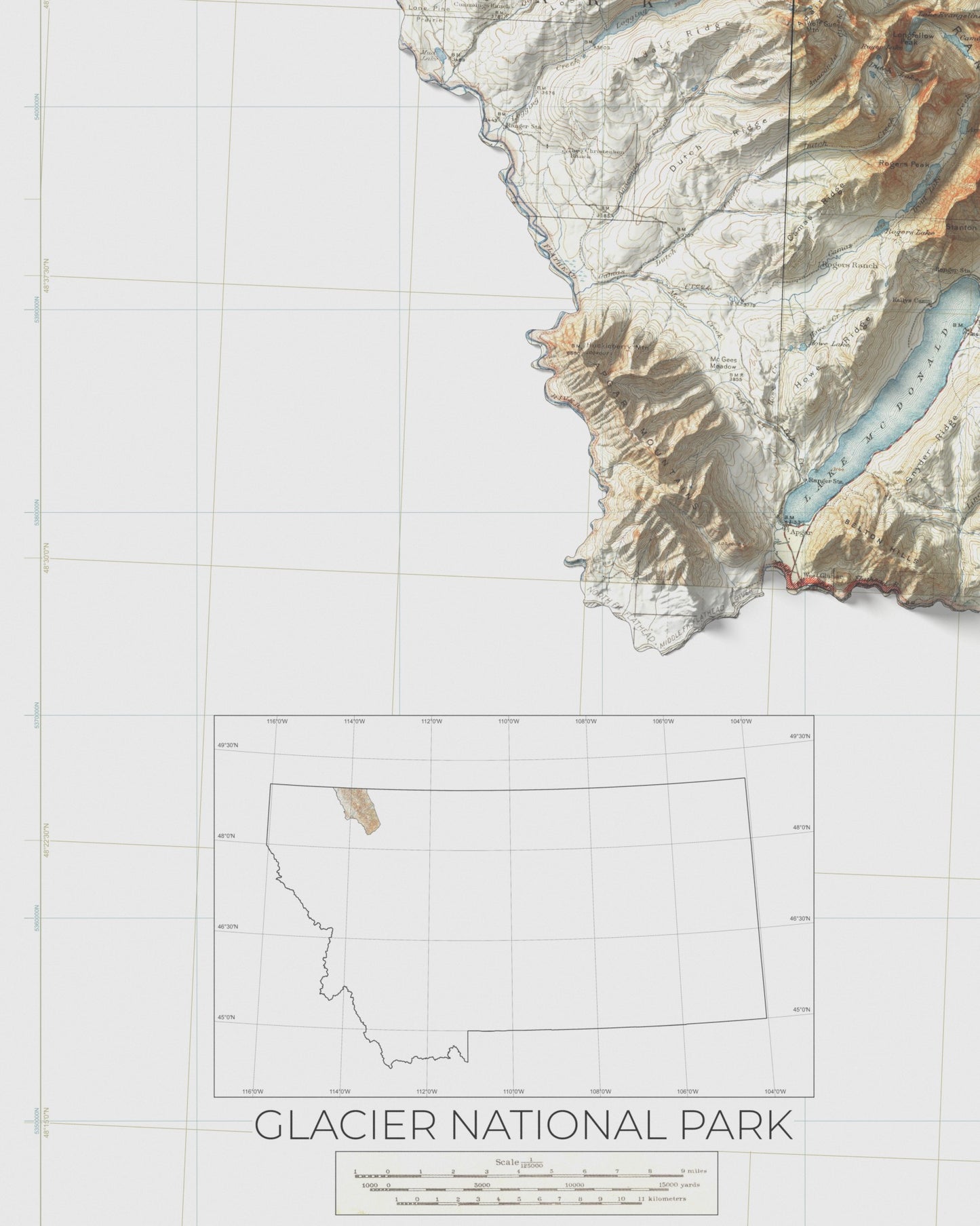 1901 - 1943 Glacier National Park, MT | 30' X 30' Shaded Historic USGS Composite Map
