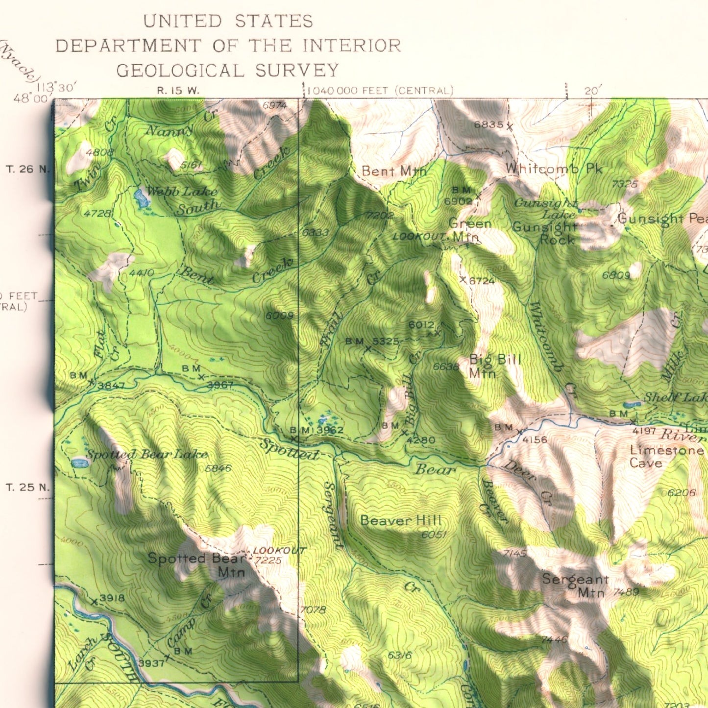 1936 Silvertip Mtn & Bob Marshall Wilderness, MT | 30'x30' Shaded Historic USGS Map