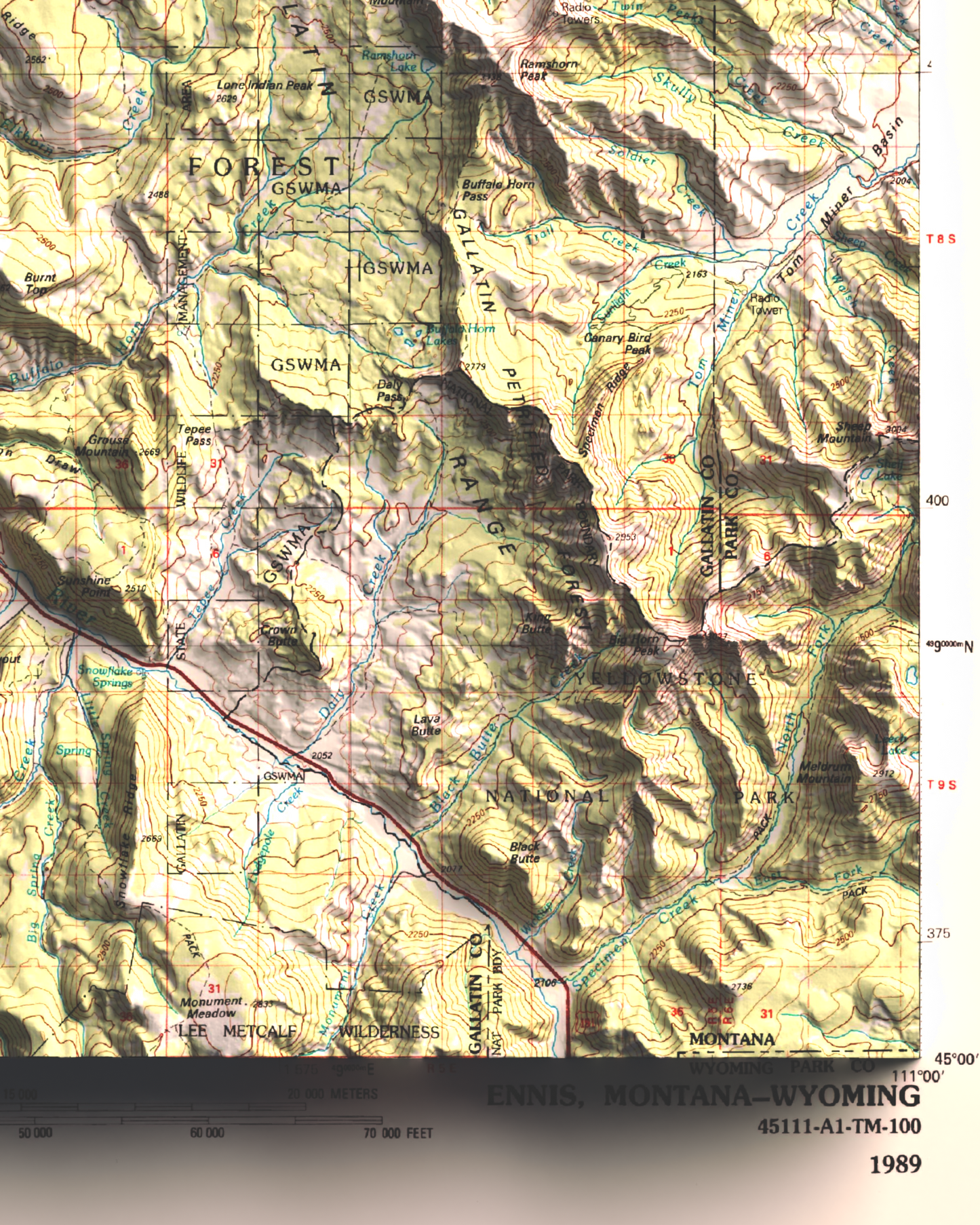 1989 Ennis, MT | 30'x60' Shaded Historic USGS Map