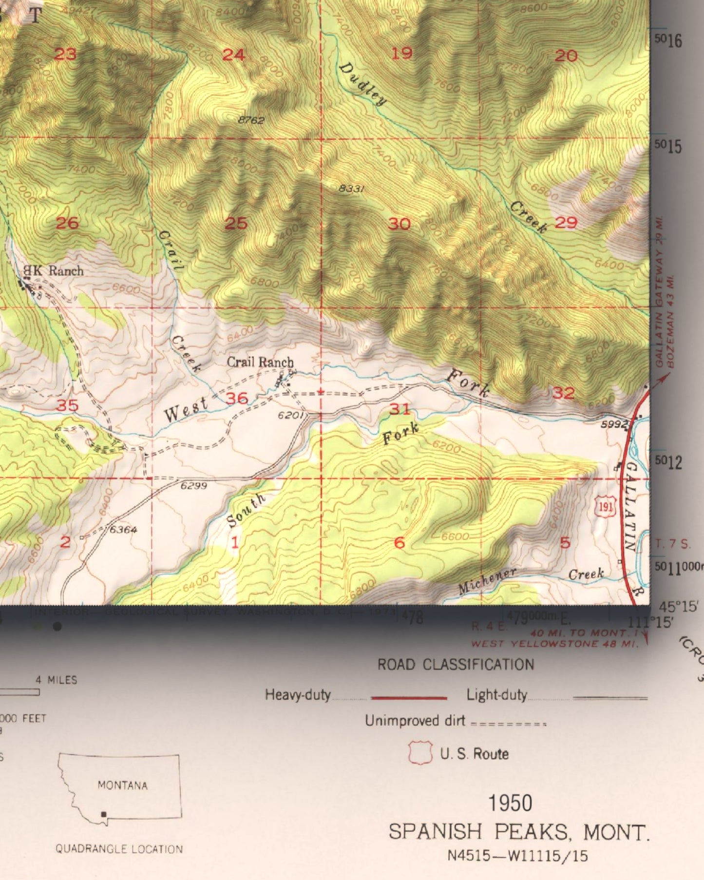 1950 Big Sky, MT | 15'x15' Shaded Historic USGS Map