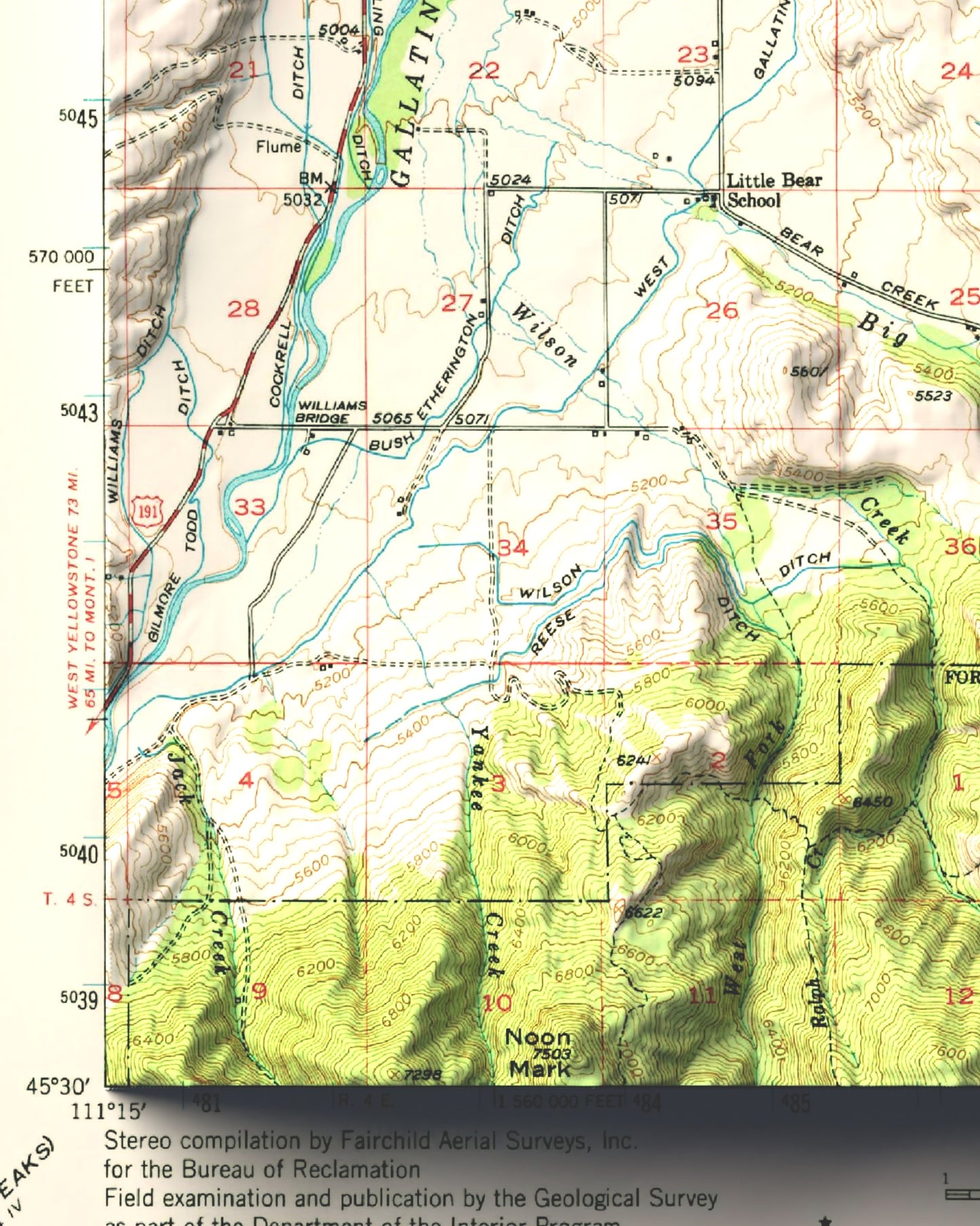1952 Bozeman, MT | 15'x15' Shaded Historic USGS Map