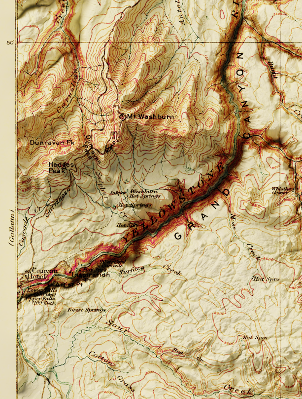 1911 Yellowstone National Park, WY | Canyon | 30'x30' Shaded Historic USGS Map