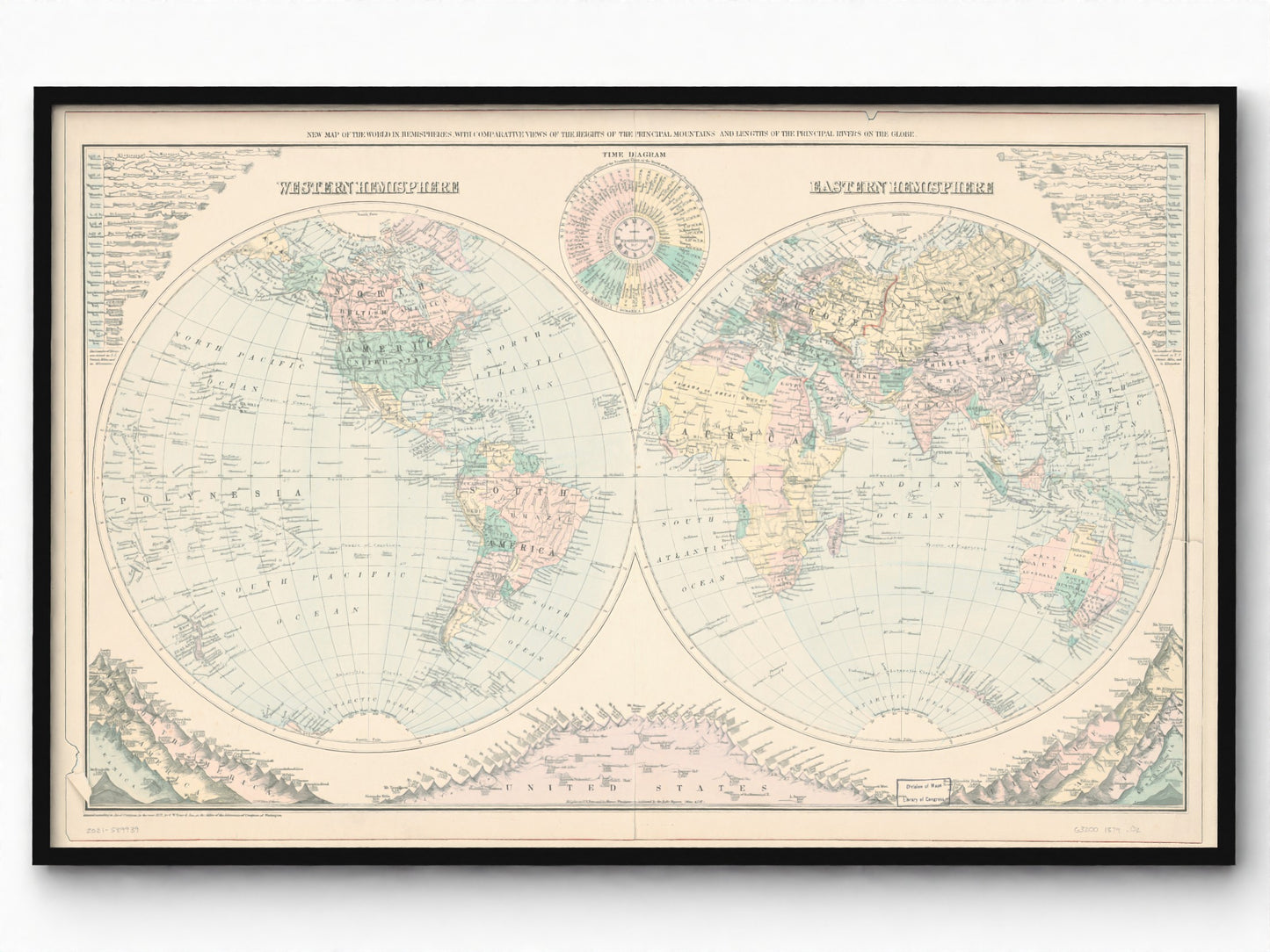 1879 Antique World Map | Principal River Length and Mountain Height