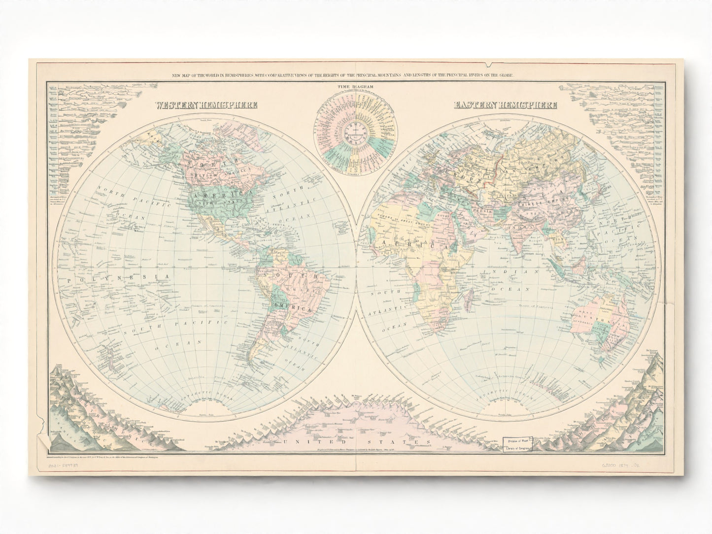 1879 Antique World Map | Principal River Length and Mountain Height