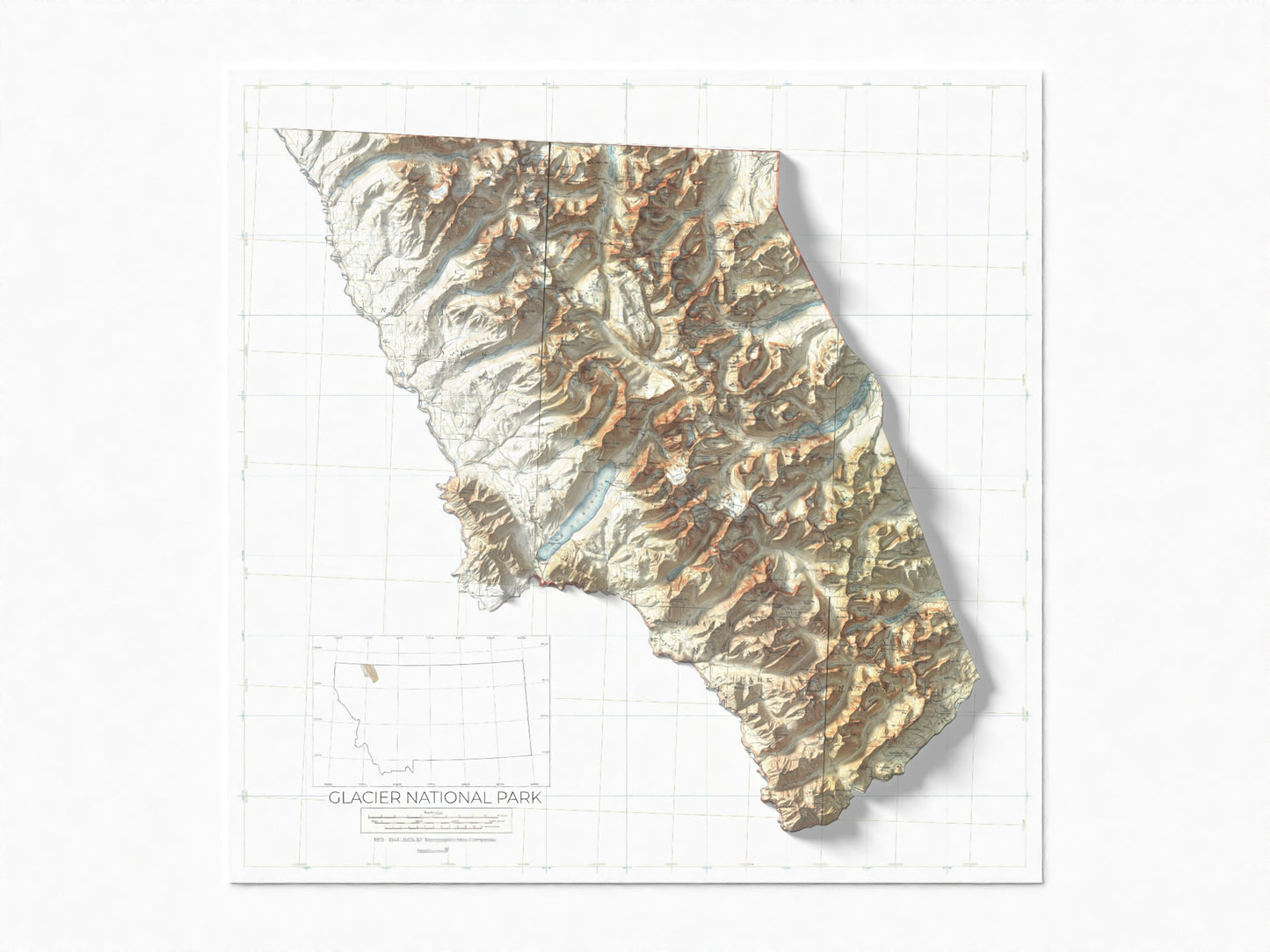 1901 - 1943 Glacier National Park, MT | 30' X 30' Shaded Historic USGS Composite Map