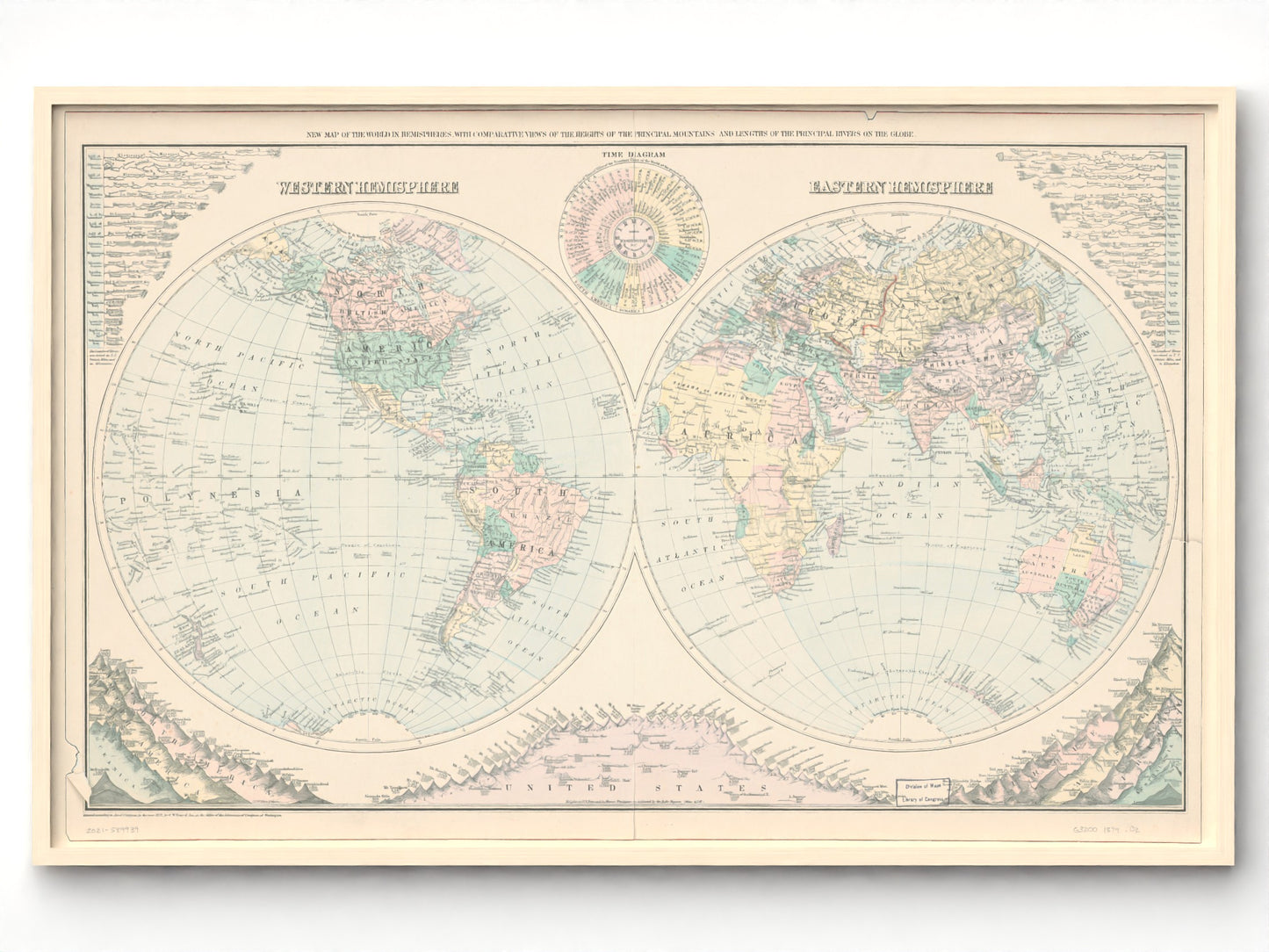 1879 Antique World Map | Principal River Length and Mountain Height
