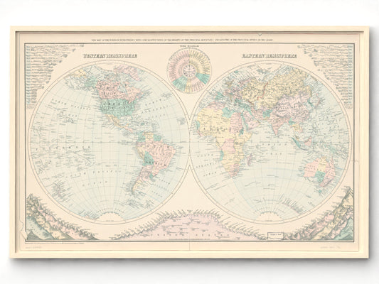 1879 Antique World Map | Principal River Length and Mountain Height