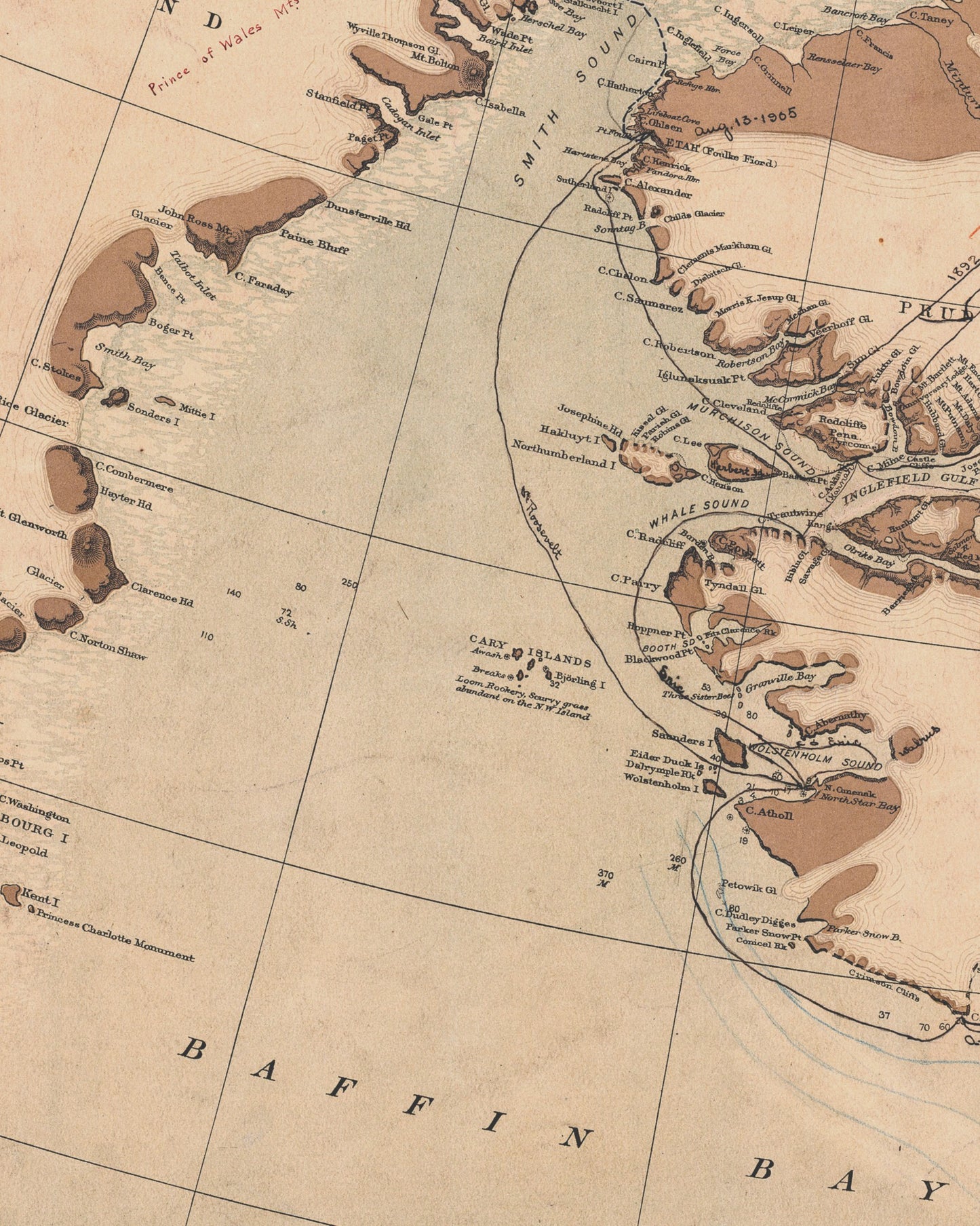 North America Polar Region Map | 1903 Exploration Routes from Baffin Bay to The Lincoln Sea