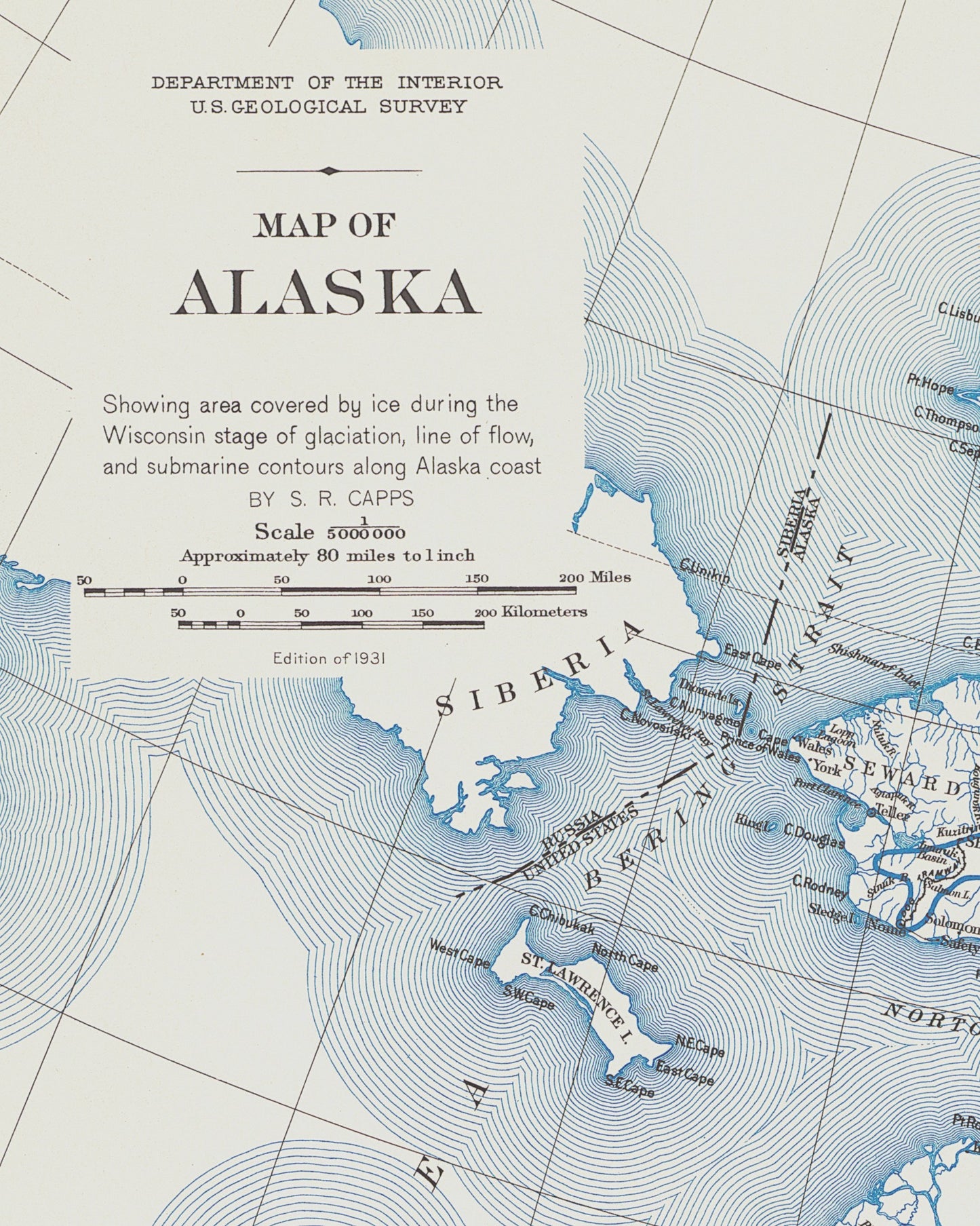 1931 Map of Alaska | Wisconsin Ice Age Glacial Extent and Flow