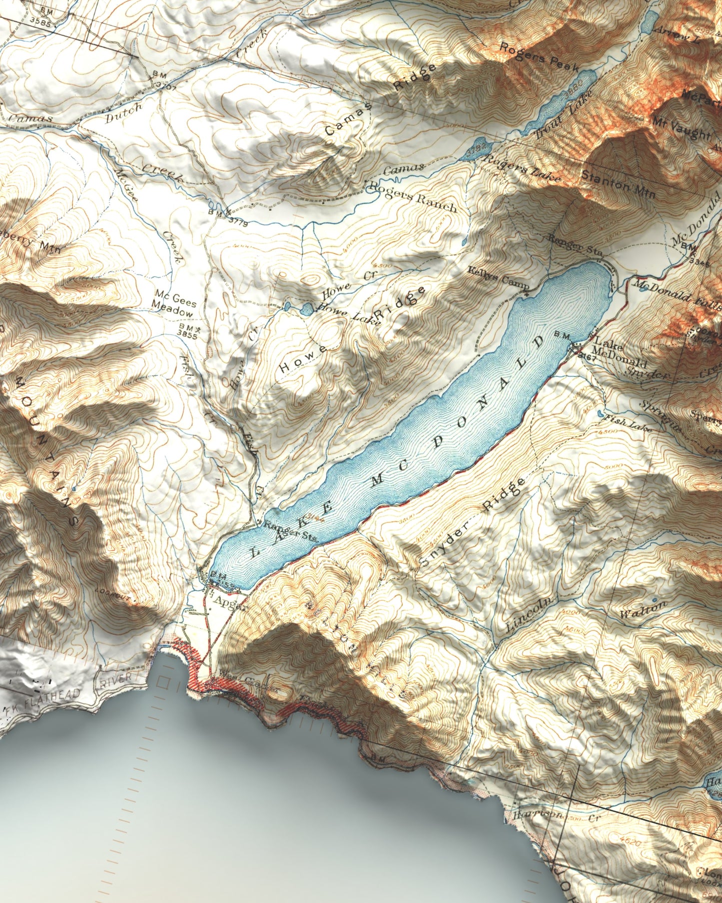 1901 - 1943 Glacier National Park, MT | 30' X 30' Shaded Historic USGS Composite Map