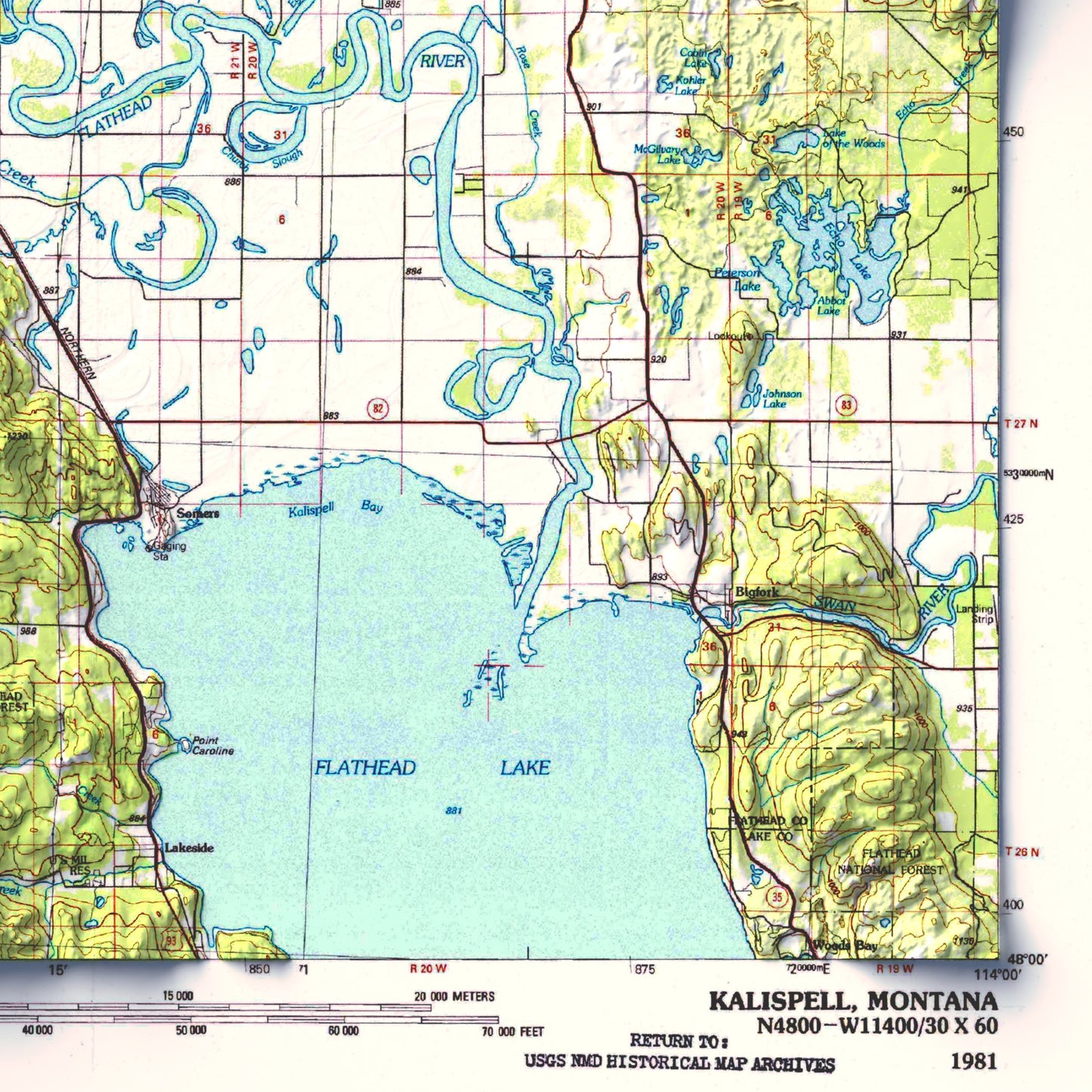 1981 Kalispell, MT | 30'x60' Shaded Historic USGS Map