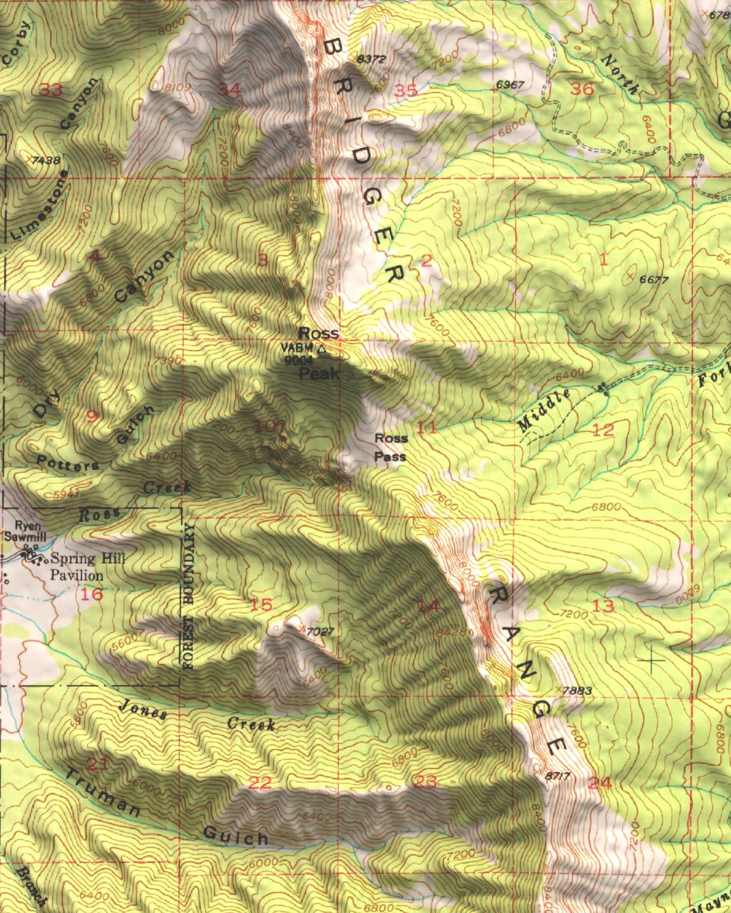 1951, Bridger Mountains and Sedan, MT | 15'x15' Shaded Historic USGS Map