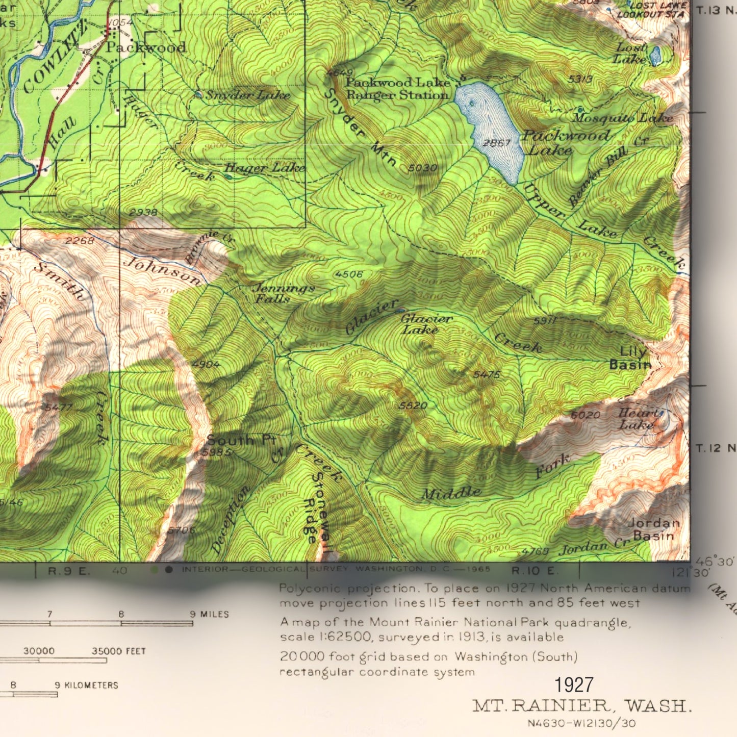 1927 Mount Rainier, WA | 30'x30' Shaded Historic USGS Map