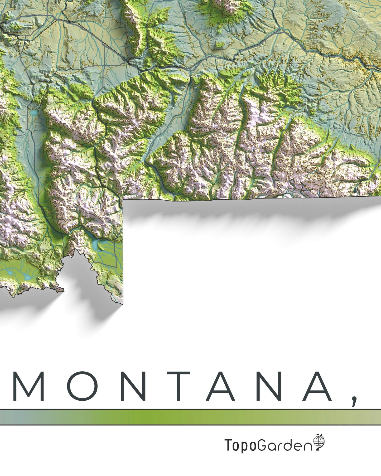 Colorful Hypsometric Maps of Montana | Hydrology, Roads, Contours and Shading