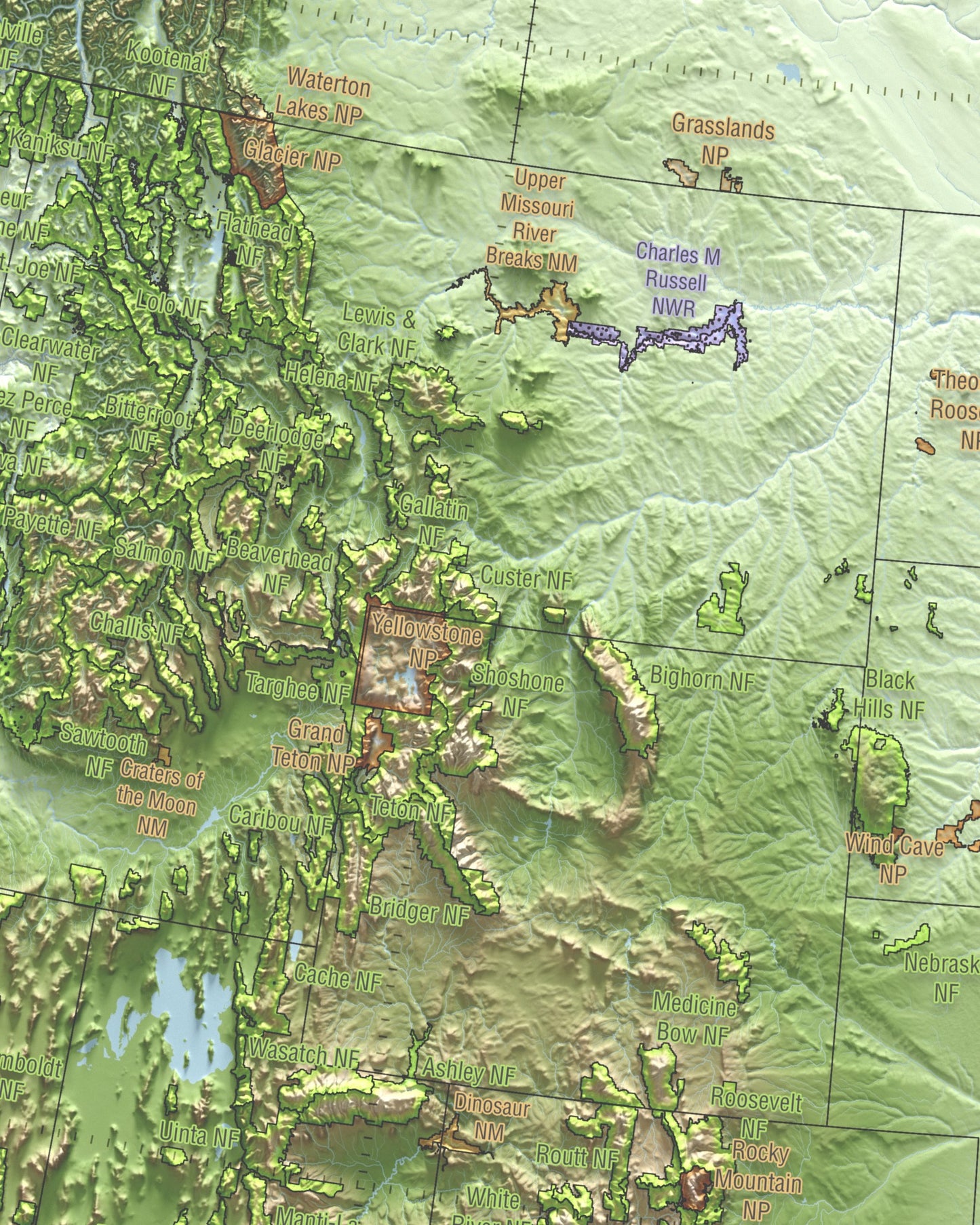 Conservation Areas of The USA and Canada | Shaded Relief Map with National Parks, Forests and Wildlife Management Areas