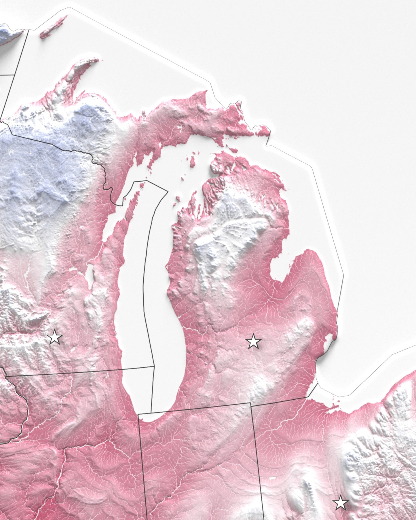 The United States of America | Red, White and Blue Shaded Relief and Hydrology Map