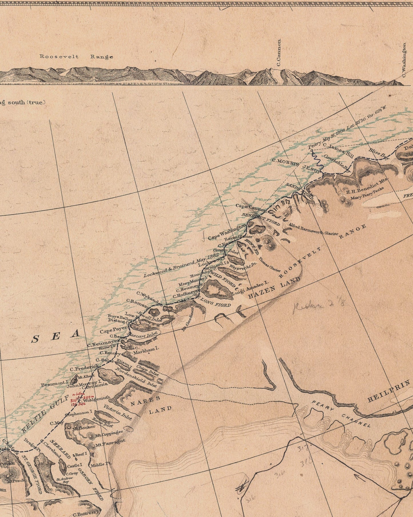 North America Polar Region Map | 1903 Exploration Routes from Baffin Bay to The Lincoln Sea