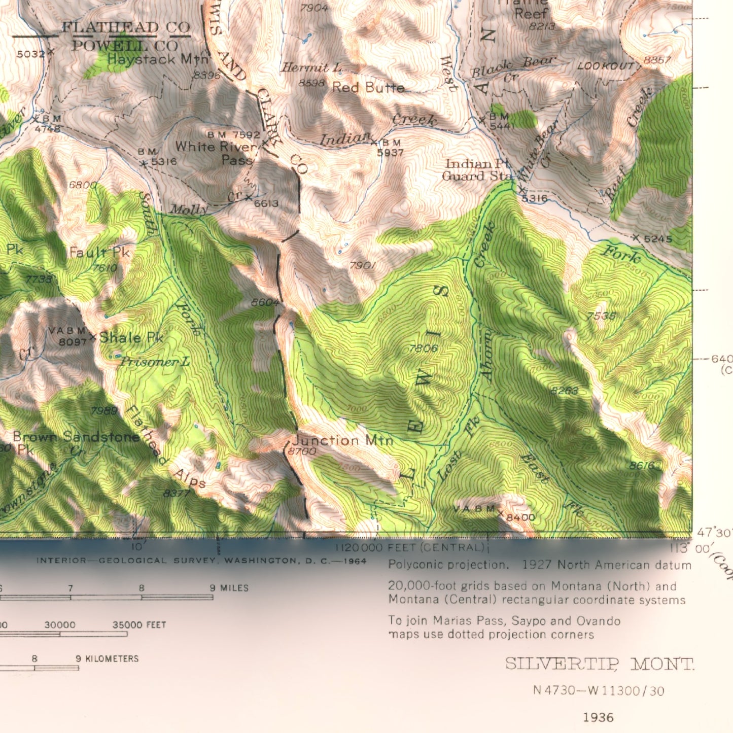 1936 Silvertip Mtn & Bob Marshall Wilderness, MT | 30'x30' Shaded Historic USGS Map