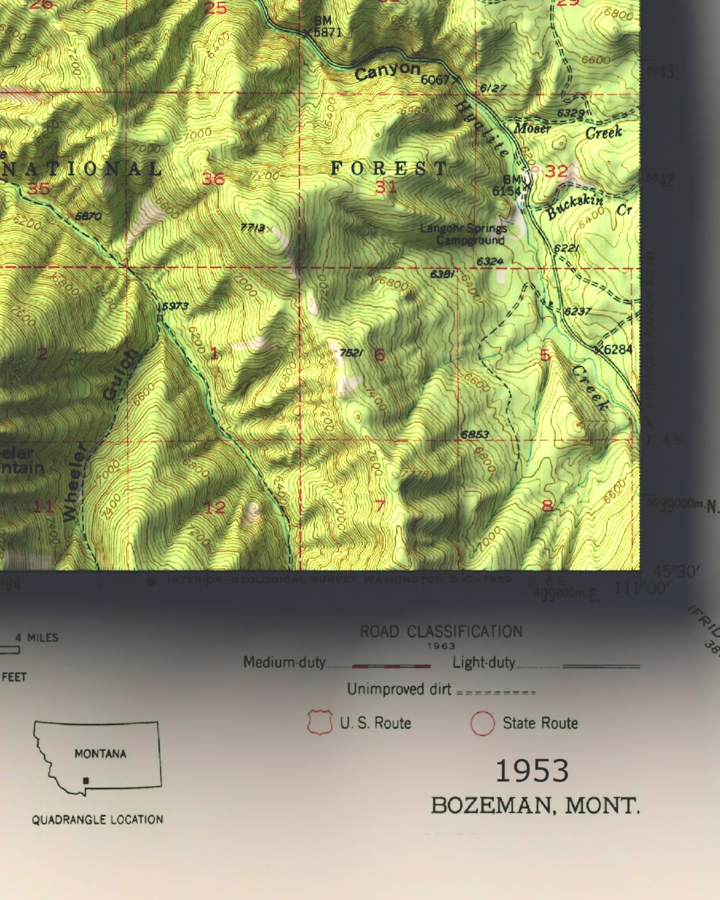 1952 Bozeman, MT | 15'x15' Shaded Historic USGS Map