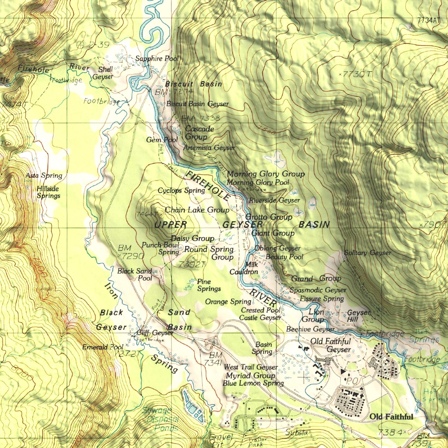 1986 Yellowstone National Park | Old Faithful | 7.5'x7.5' Shaded Historic USGS Map