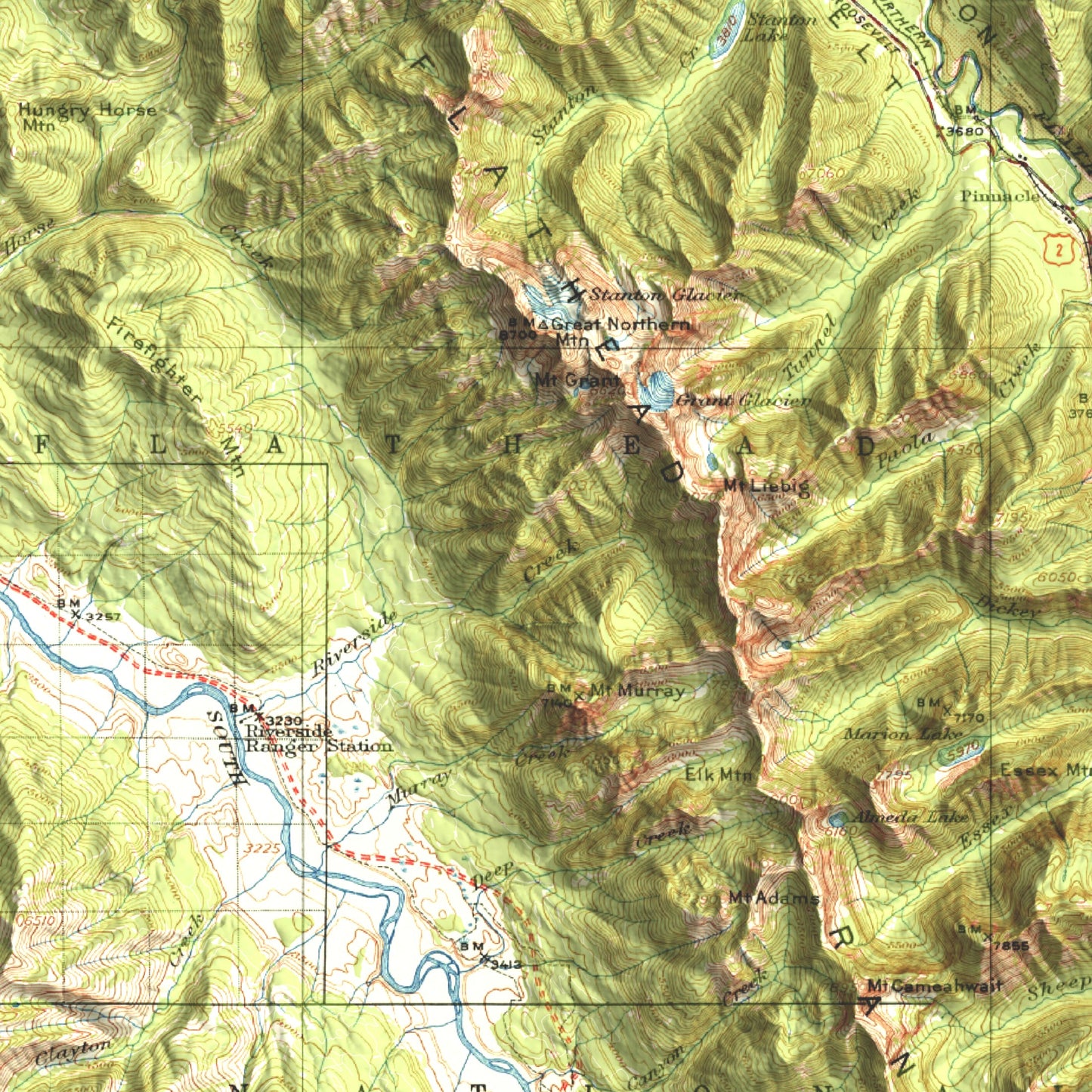 1914 Nyack Sheet | Jewel Basin, Flathead Alps & Glacier National Park, MT | 30'x30' Shaded Historic USGS Map