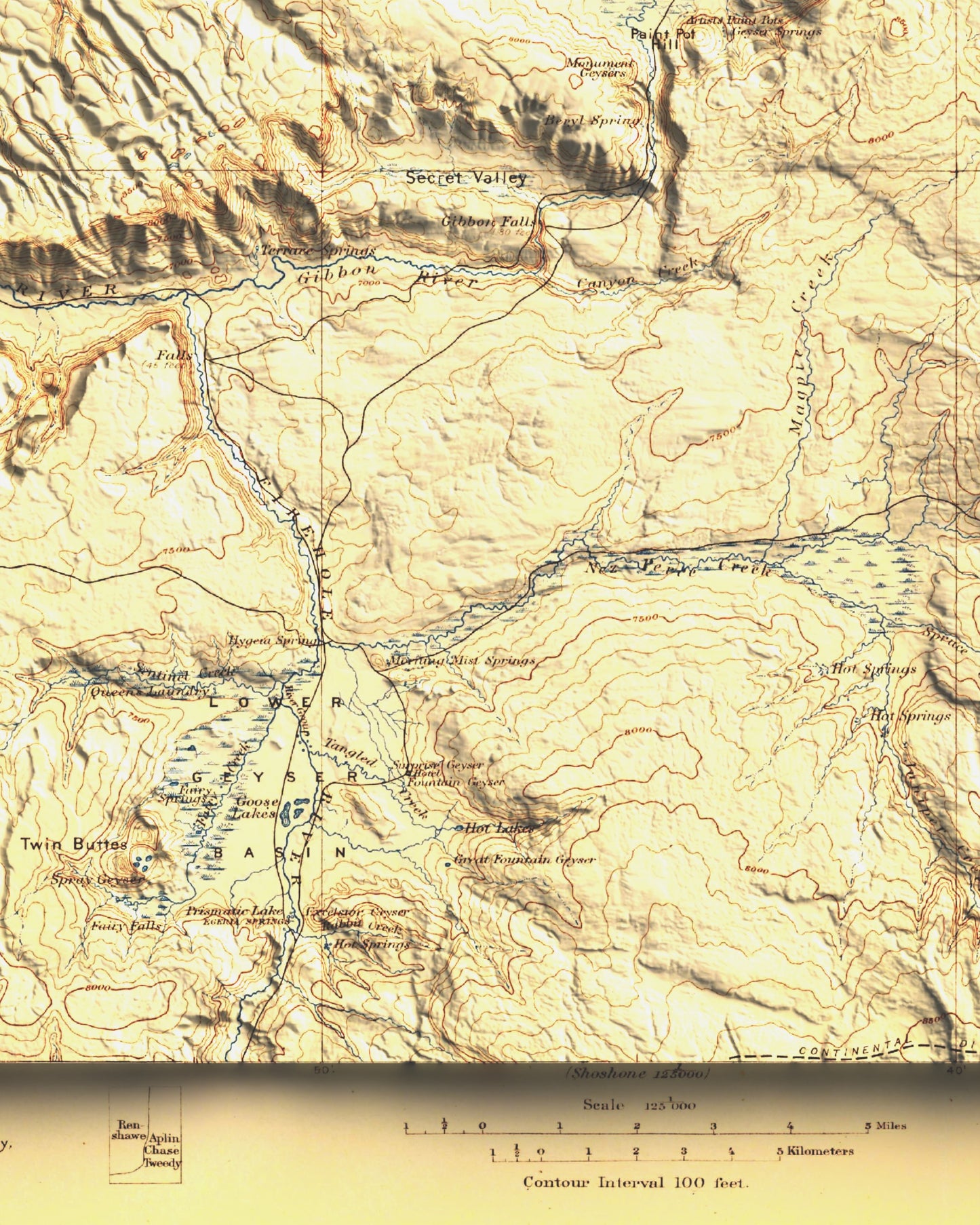 1896 Yellowstone National Park | Gallatin / NW Yellowstone | 30'x30' Shaded Historic USGS Map