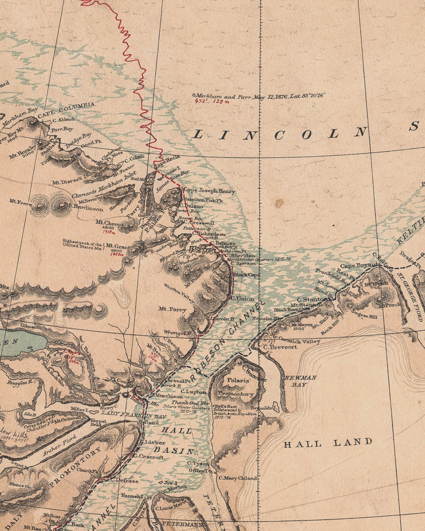 North America Polar Region Map | 1903 Exploration Routes from Baffin Bay to The Lincoln Sea