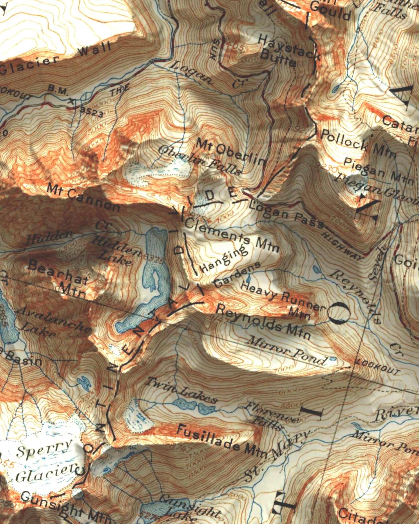 1901 - 1943 Glacier National Park, MT | 30' X 30' Shaded Historic USGS Composite Map