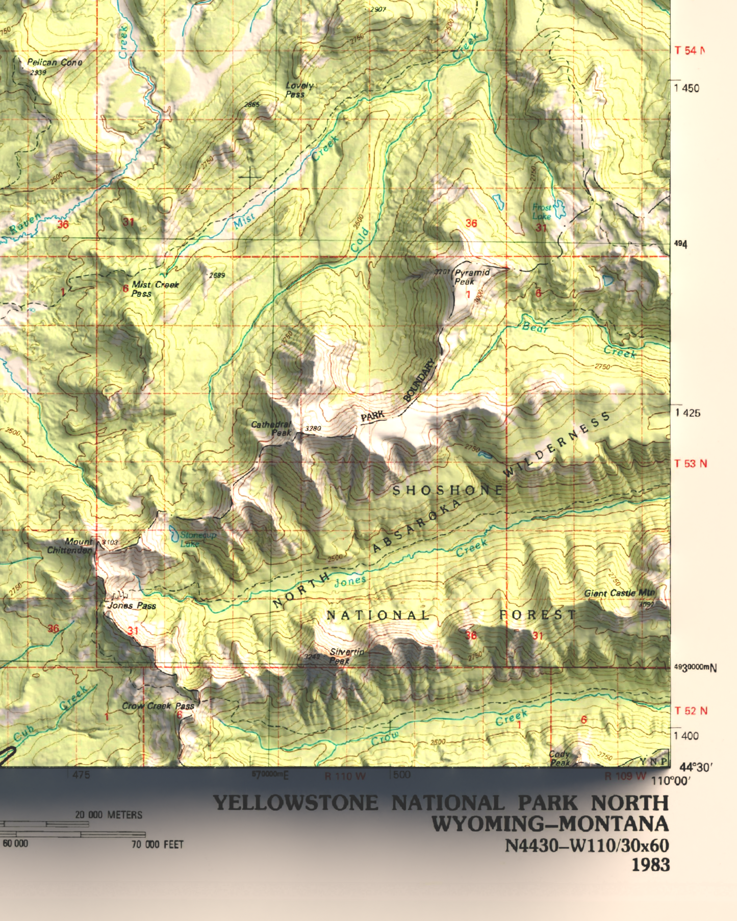 1983 Northern Yellowstone National Park | 30'x60' Shaded Historic USGS Map
